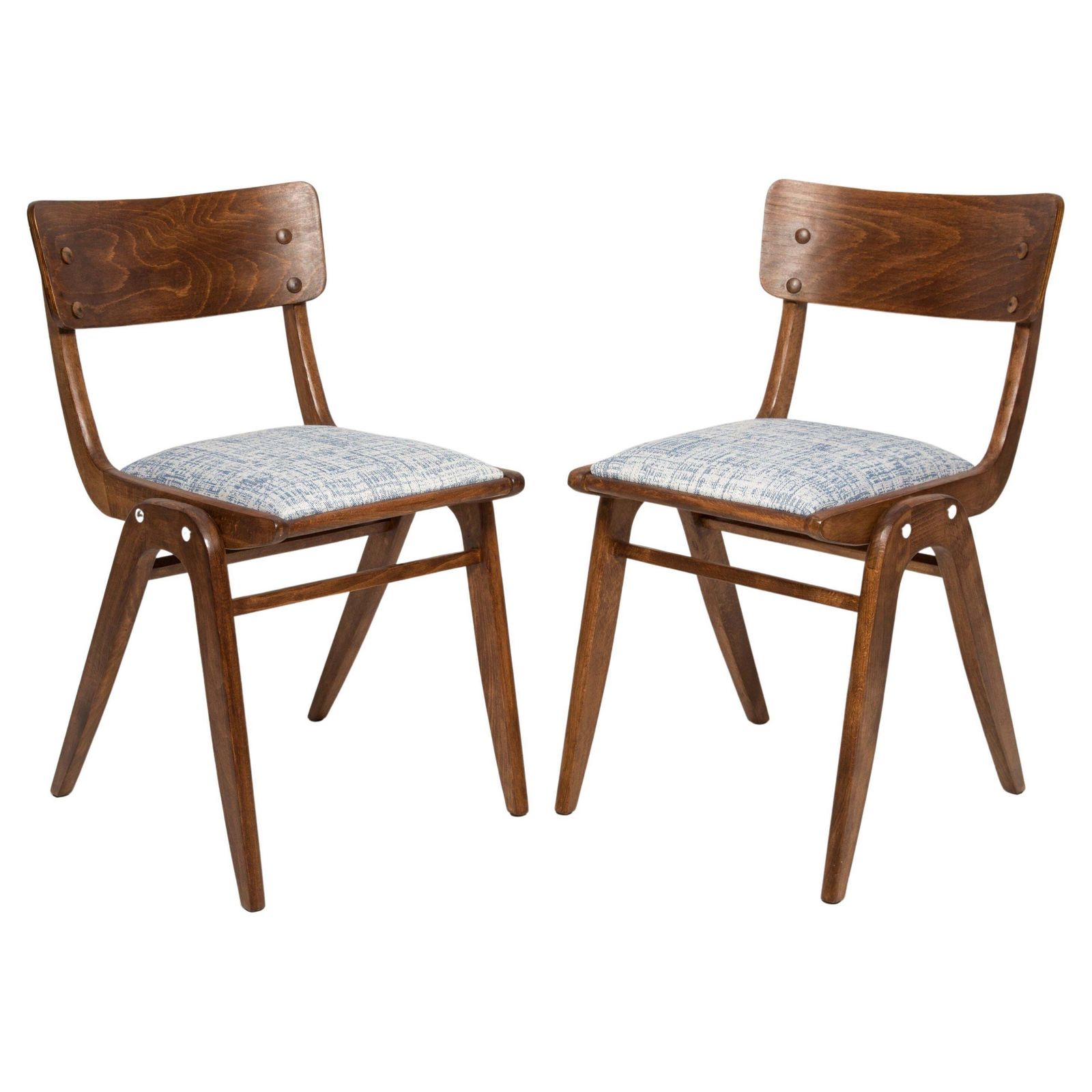 Pair Of Midcentury White Blue Linen Boomerang Chairs, Dark Wood, Poland, 1960s