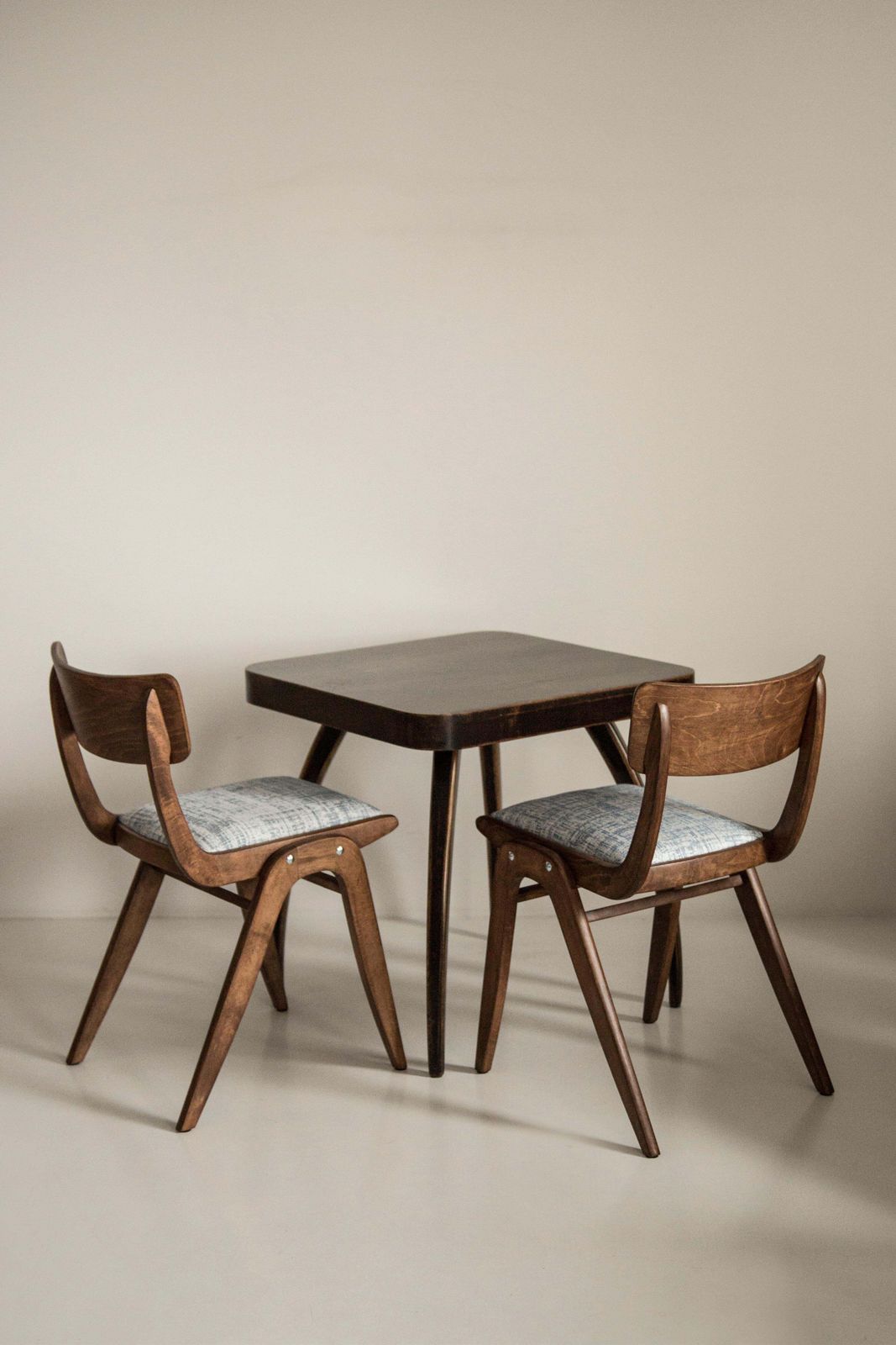 Pair Of Midcentury White Blue Linen Boomerang Chairs, Dark Wood, Poland, 1960s photo Furniture