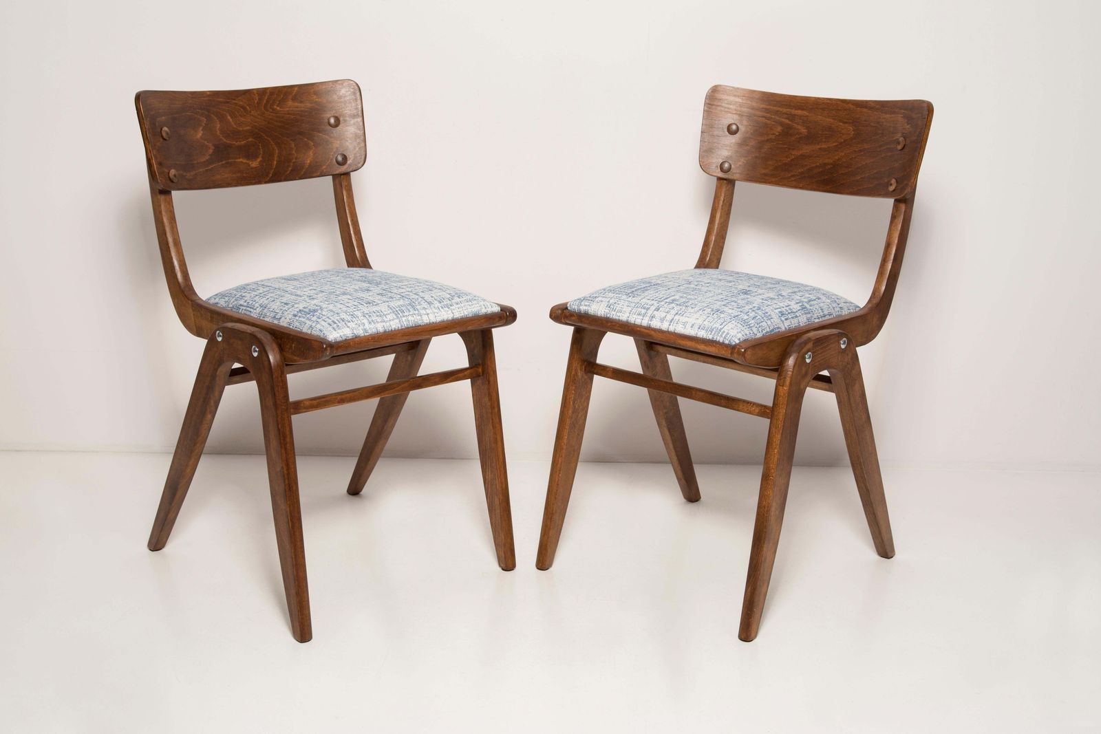 Pair Of Midcentury White Blue Linen Boomerang Chairs, Dark Wood, Poland, 1960s photo buy