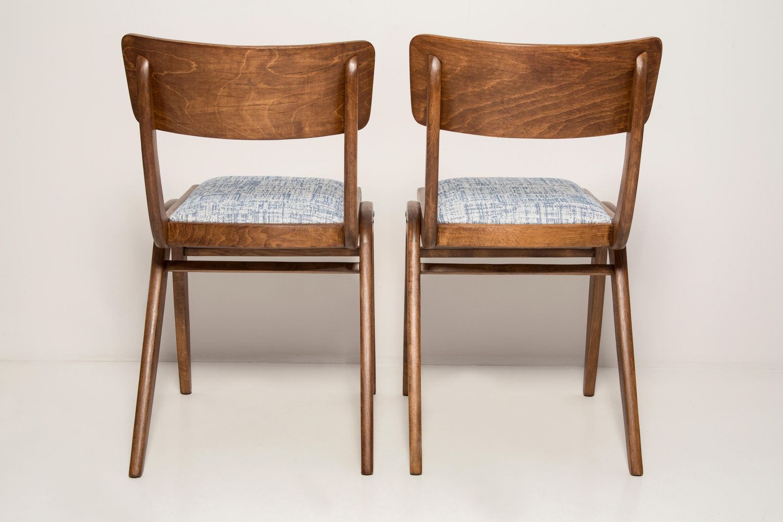Furniture Pair Of Midcentury White Blue Linen Boomerang Chairs, Dark Wood, Poland, 1960s photo