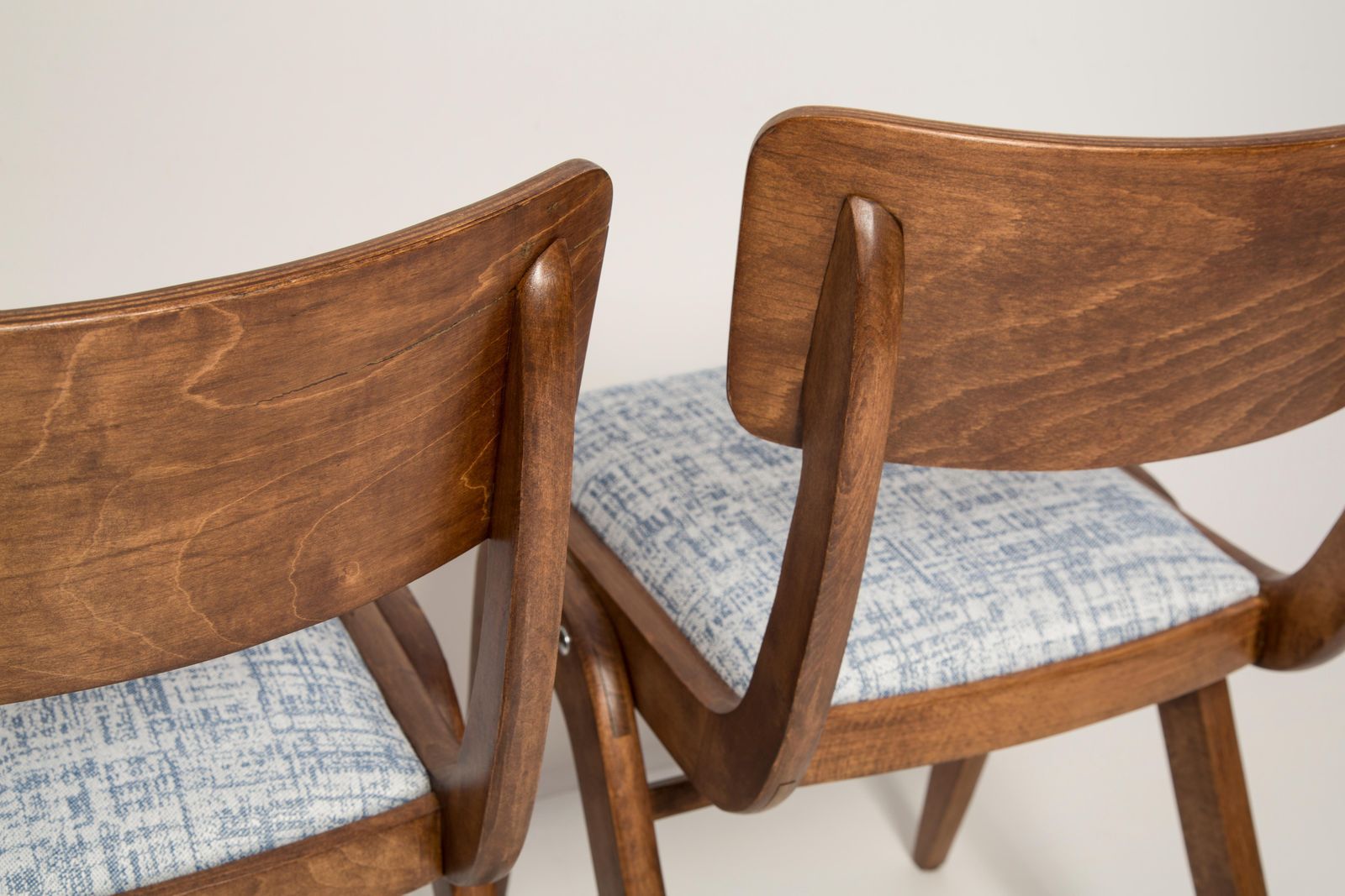 935.0 Pair Of Midcentury White Blue Linen Boomerang Chairs, Dark Wood, Poland, 1960s photo