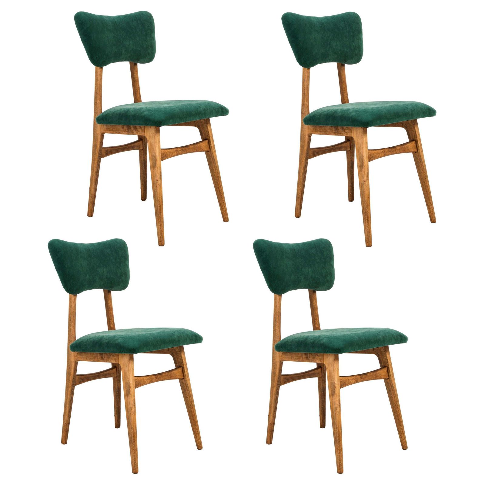Set Van Vier Donkergroene Fluwelen Stoelen, 20e Eeuw, Ca. Jaren 1960