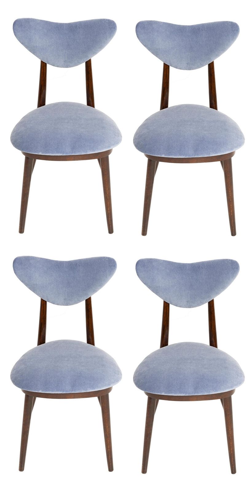 photo for sale Set Van Vier Mid Century Stoelen Met Hartvormige Rugleuning In Violet Blauw Katoenen Velours, Europa, Jaren 1960