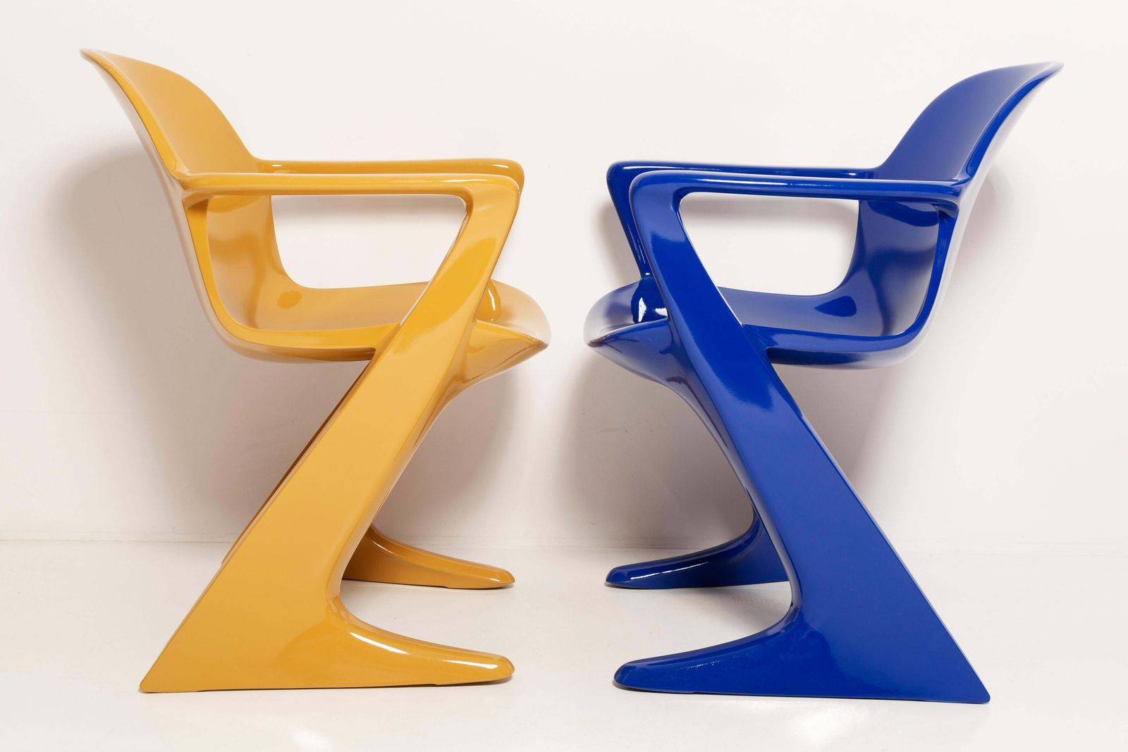 Two Mid Century Mustard And Blue Kangaroo Chairs Ernst Moeckl, Germany, 1968 photo vintage