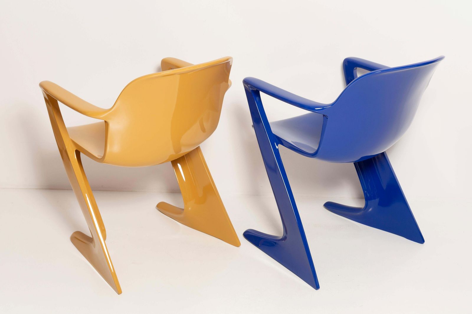 photo for sale Two Mid Century Mustard And Blue Kangaroo Chairs Ernst Moeckl, Germany, 1968
