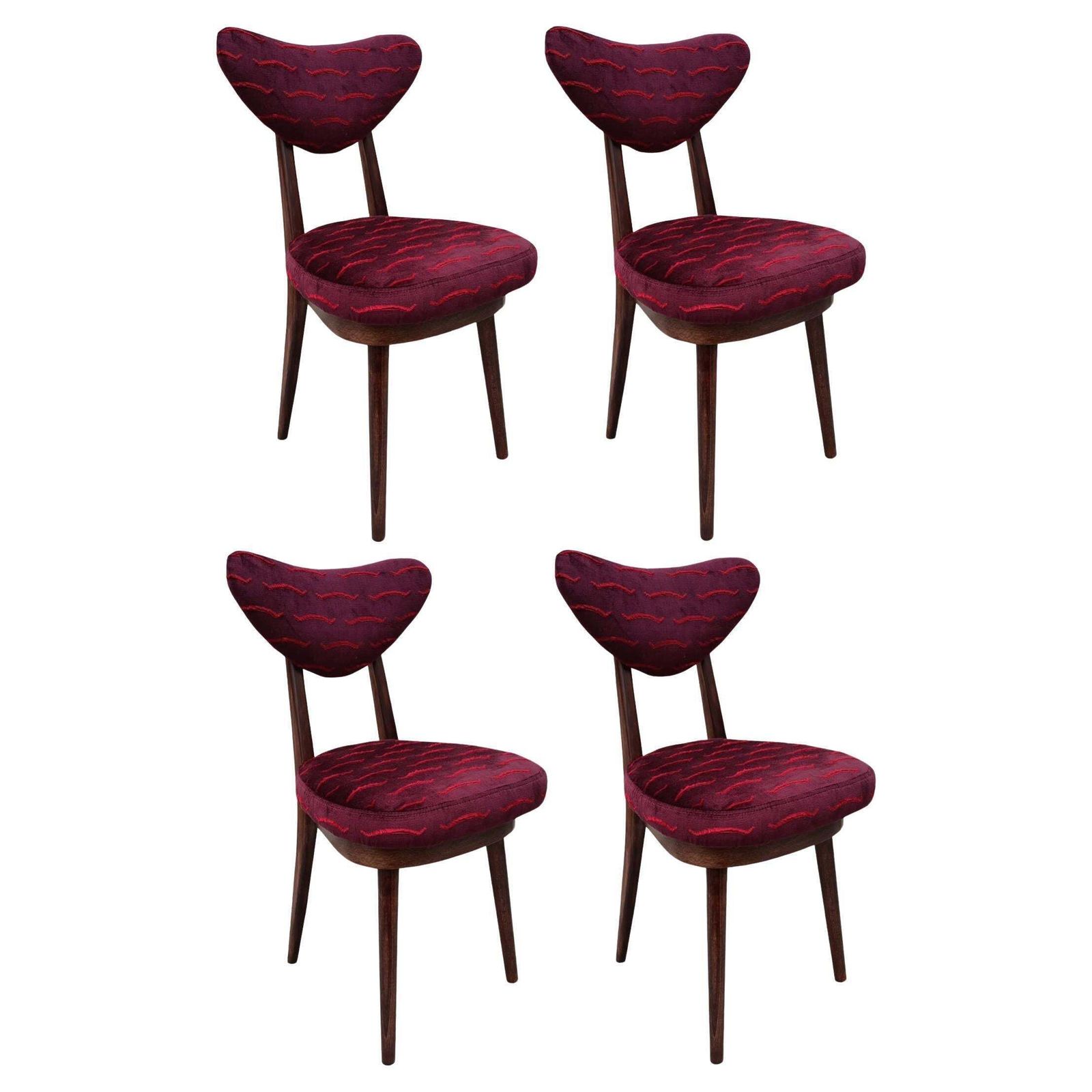 Four Mid Century Heart Chairs In Nouvelles Vagues Burgundy Velvet, Europe, 1960s