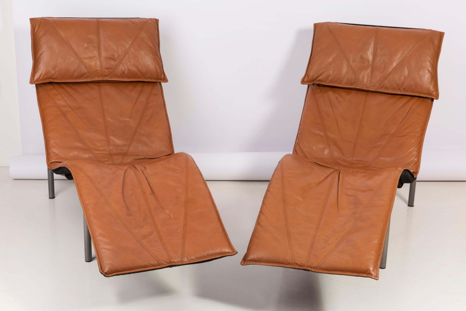 Two Midcentury Danish Modern Leather Chaise Lounge Chairs, Tord Björklund, 1980 photo furniture