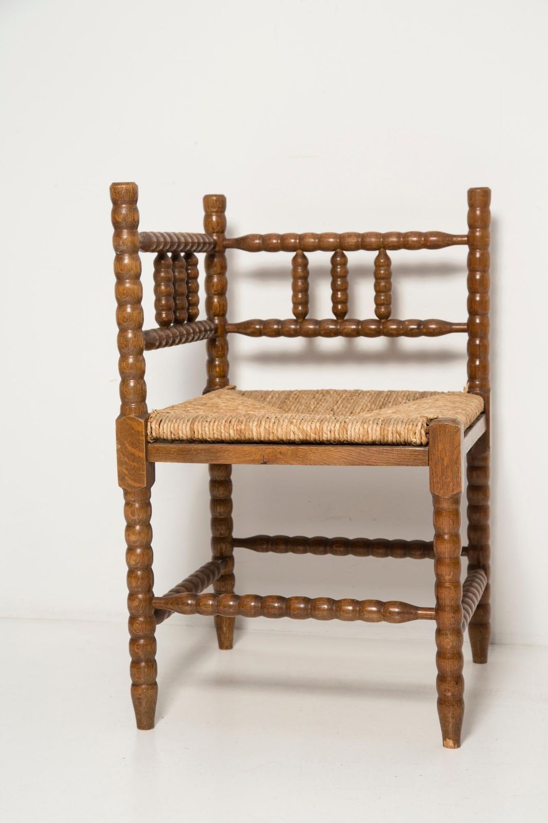 Mid Century Antique Provincial Hand Crafted Bobbin Corner Chair, France, 1940s photo for sale