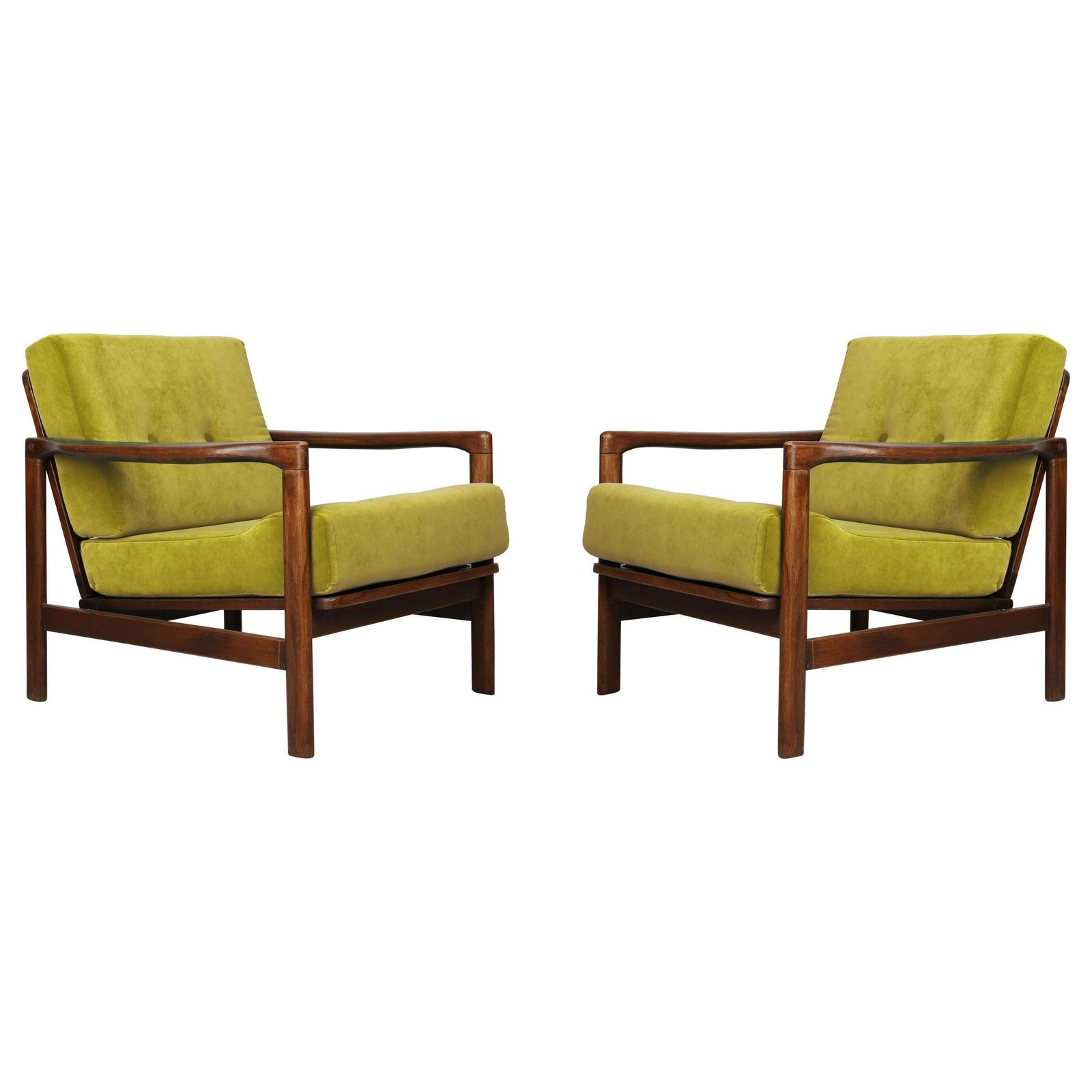 Set Of Two Midcentury Lemon Velvet Armchairs, Zenon Baczyk, 1960s