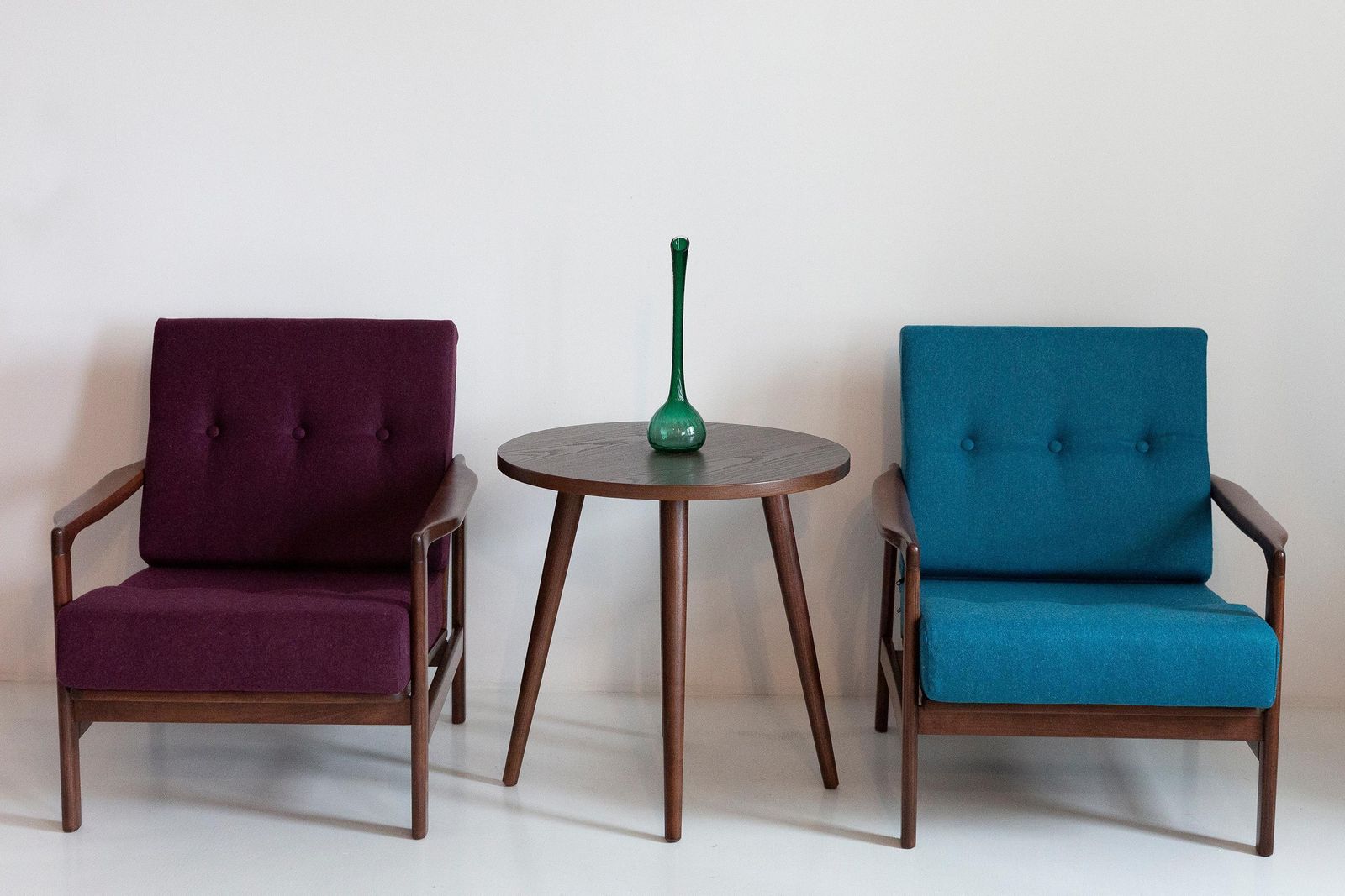 Paar Mid Century Fauteuils In Paars En Blauw Wol, Zenon Baczyk, Polen, Jaren 1960 photo for sale