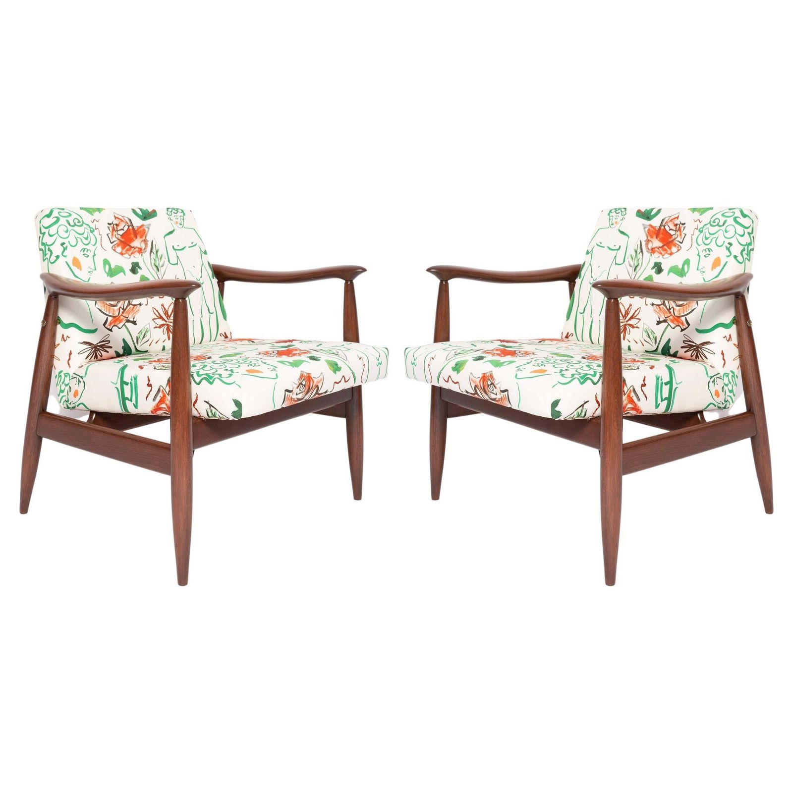 Pair Of Midcentury David Print White Armchairs, By Kedziorek, Europe, 1960s