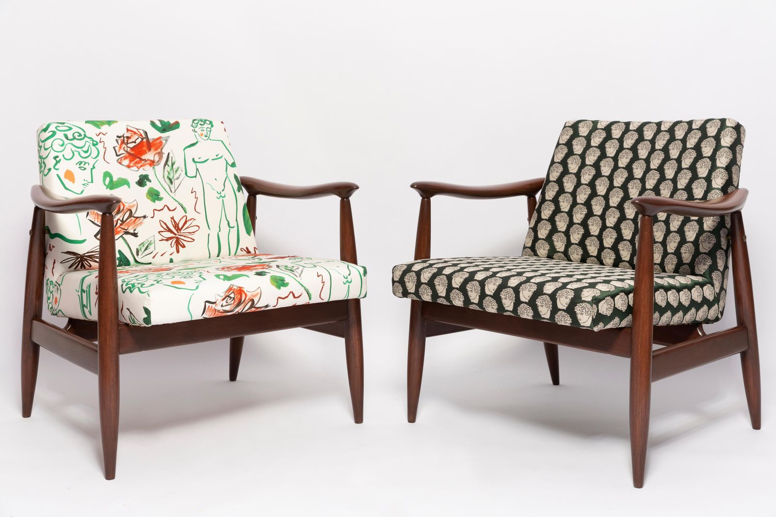 Paar Mid Century Fauteuils, David Print Emerald, Door Kedziorek, Europa, Jaren 1960 photo vintage
