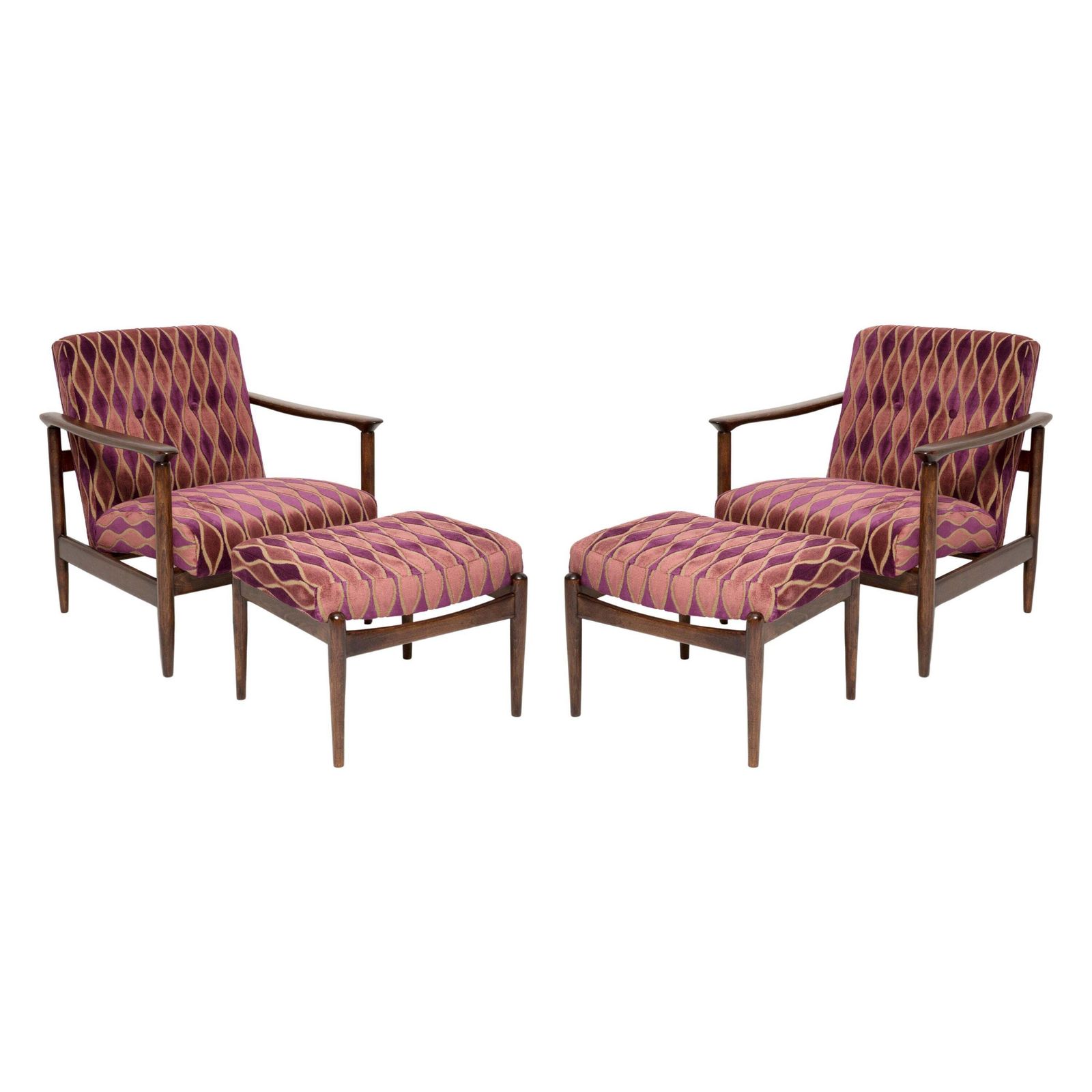 Paar Vintage Roze Fluwelen Fauteuils En Krukken, Edmund Homa, Europa, Jaren 1960
