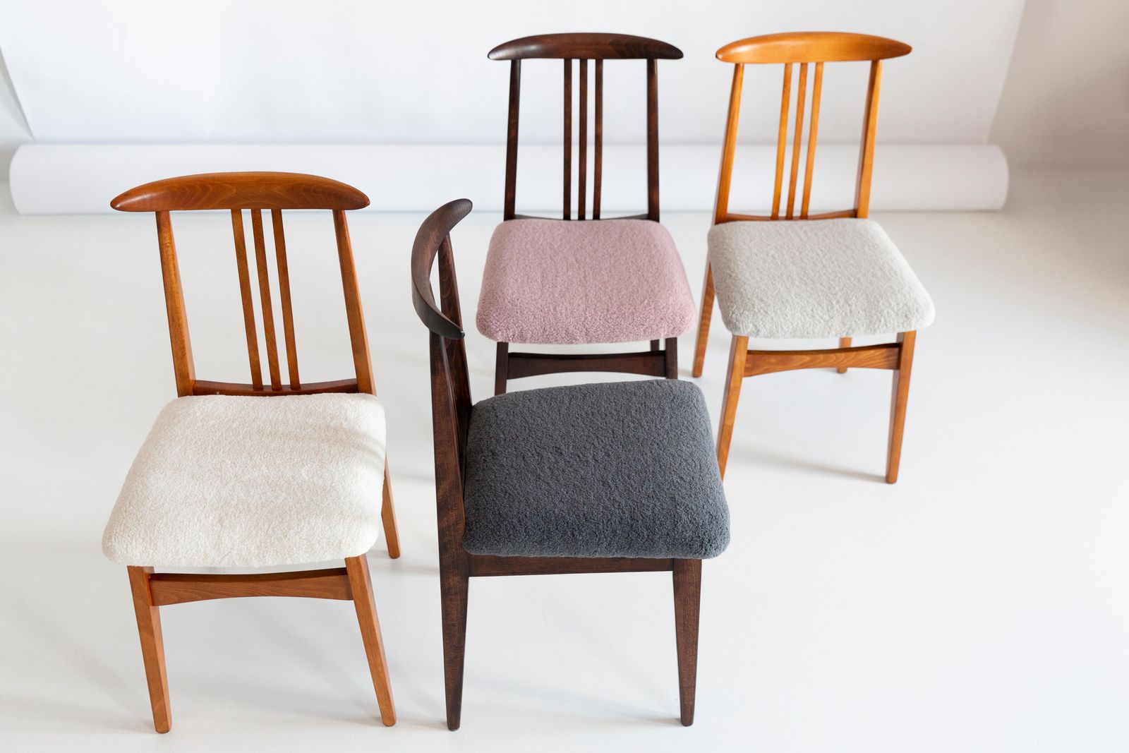 Set Of Six Mid Century Pink Boucle Chairs, By Zielinski, Poland, 1960s photo vinterior
