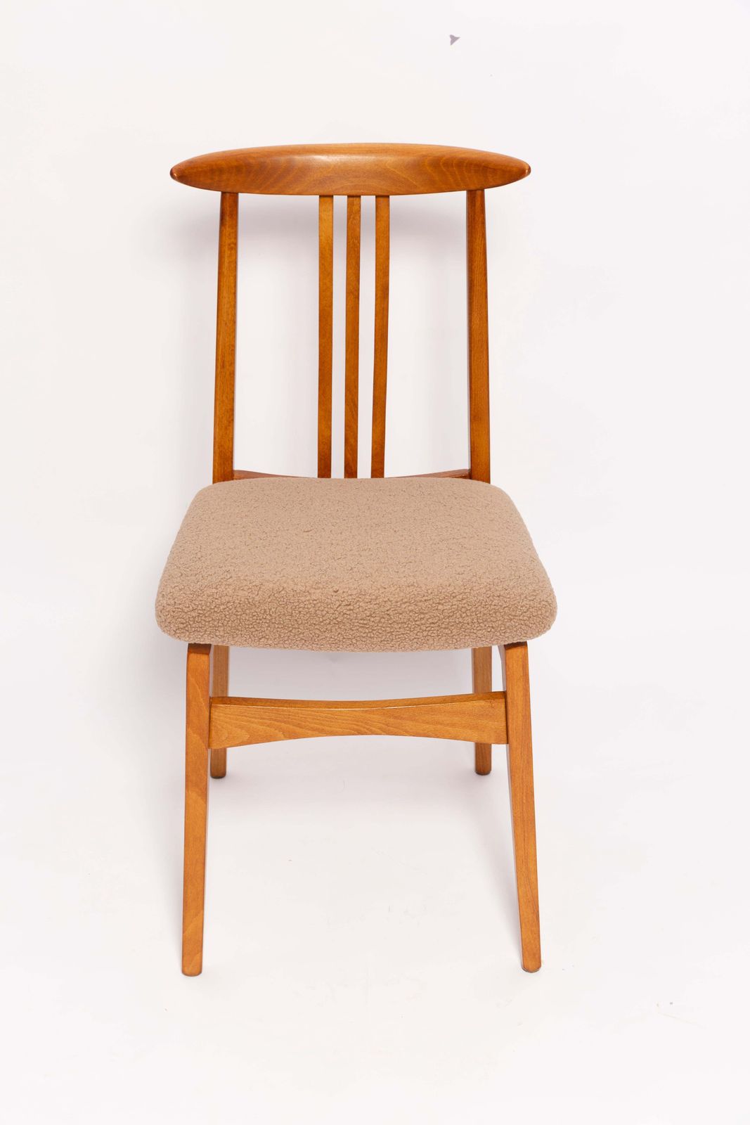 Six Mid Century Latte Boucle Chairs, Medium Wood, M. Zielinski, Europe 1960s photo vintage