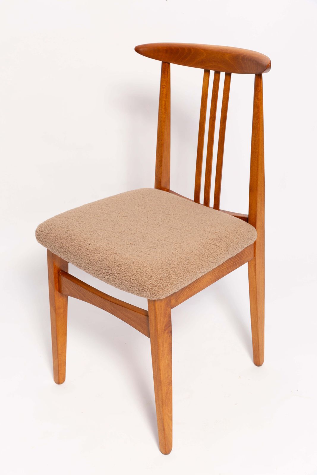 photo furniture Six Mid Century Latte Boucle Chairs, Medium Wood, M. Zielinski, Europe 1960s