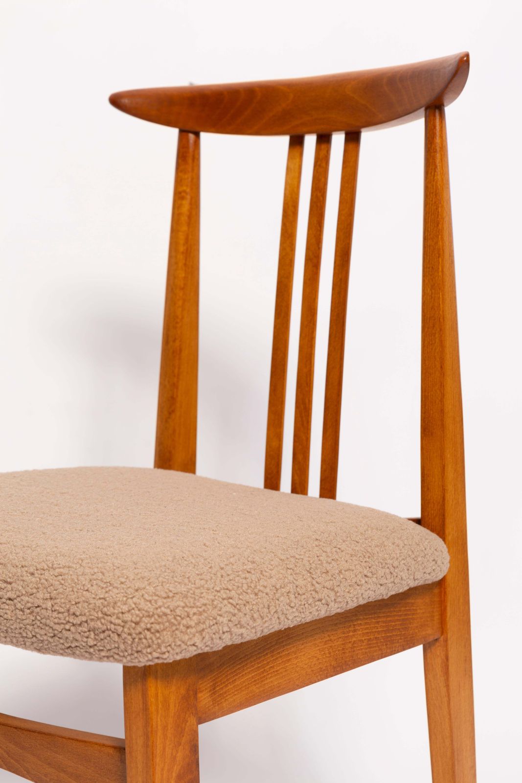 photo for sale Six Mid Century Latte Boucle Chairs, Medium Wood, M. Zielinski, Europe 1960s