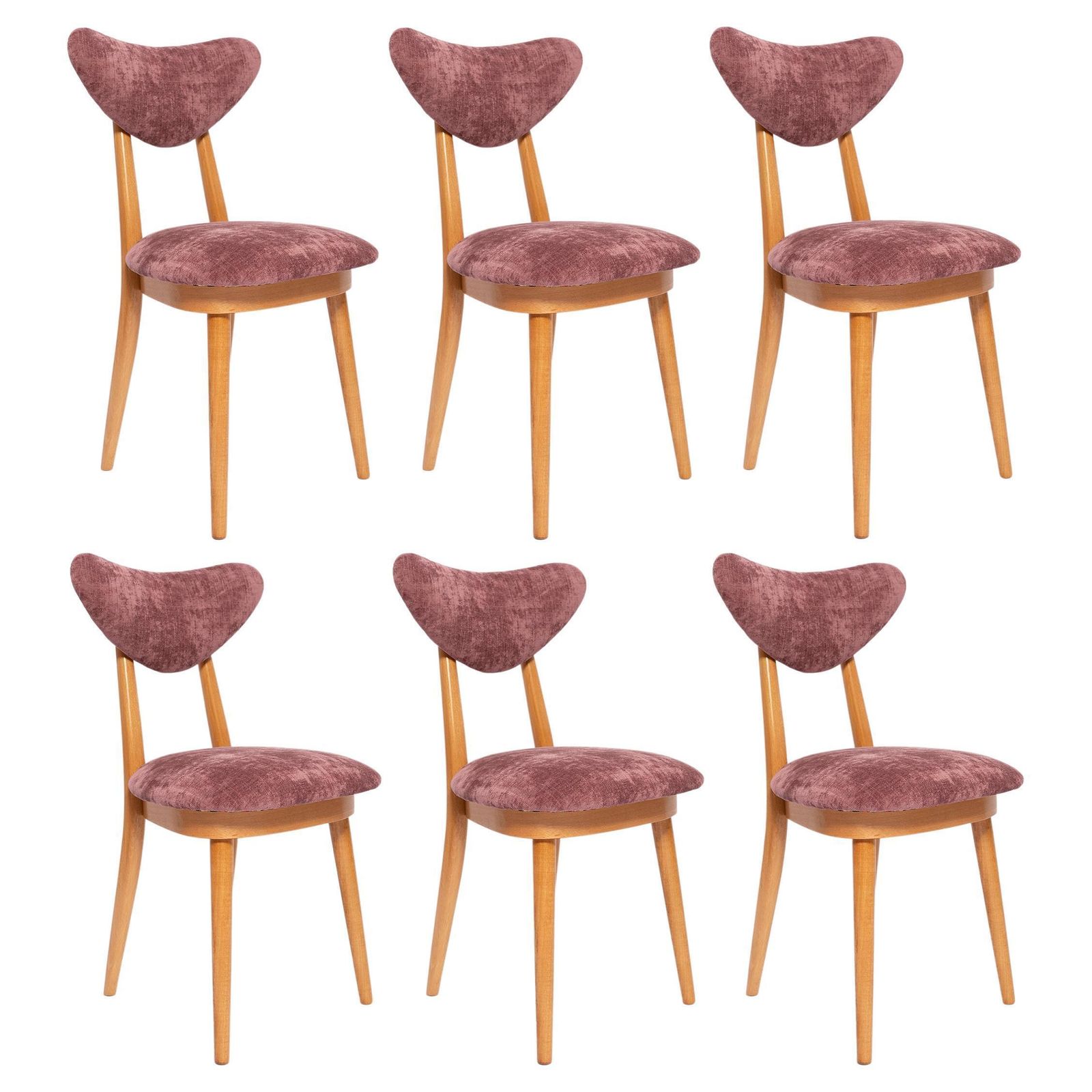 Set Of Six Mid Century Plum Violet Velvet, Light Wood Heart Chairs, Europe, 1960