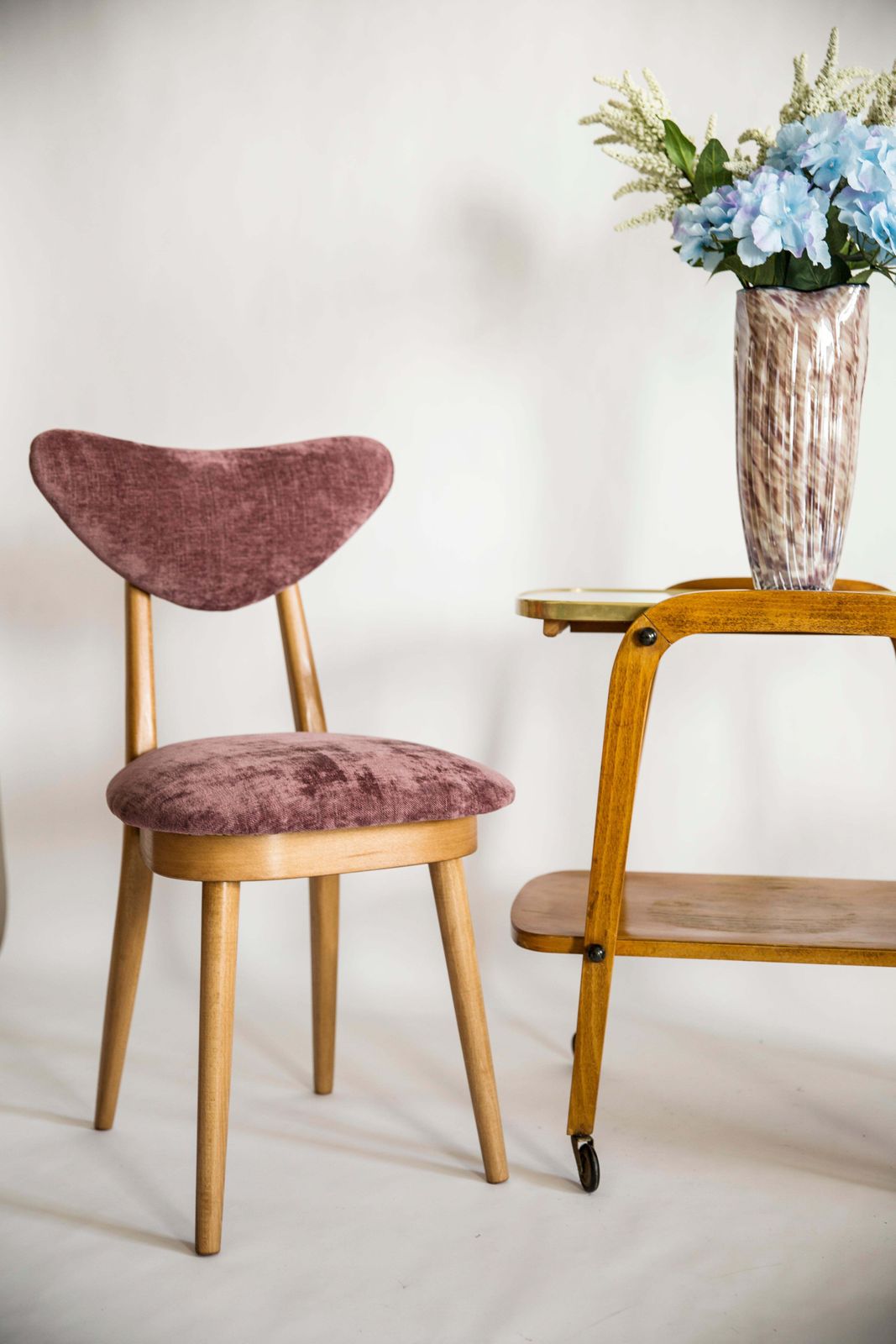 Set Of Six Mid Century Plum Violet Velvet, Light Wood Heart Chairs, Europe, 1960 photo Furniture