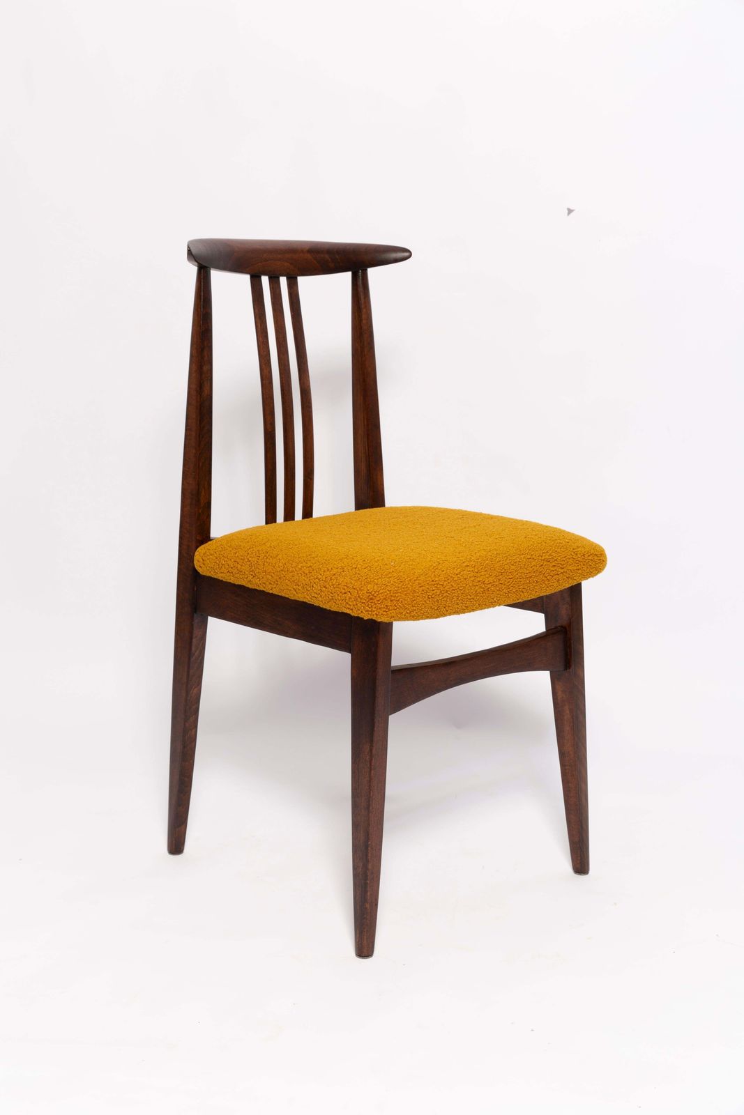 Six Mid Century Ochre Boucle Chairs, Walnut Wood, M. Zielinski, Europe 1960s photo furniture