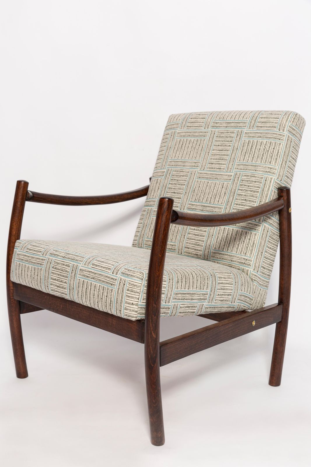 Meubels Paar Mid Century Vintage Fauteuils, Beige En Blauw Linnen, Europa, Jaren 1960 photo