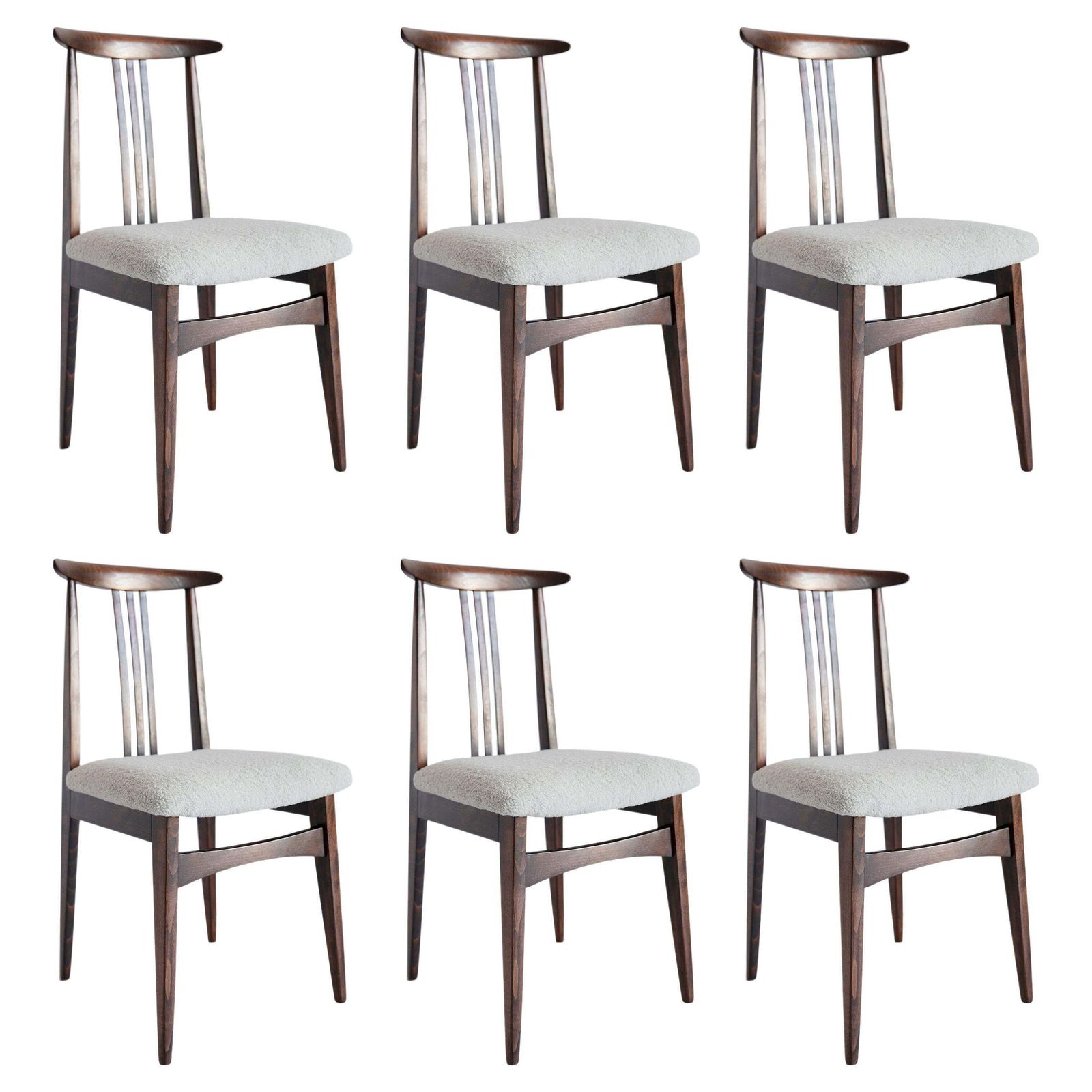 Set Van Zes Mid Century Stoelen Met Lichtkleurige Linnen Bouclébekleding, Door Zielinski, Polen, Jaren 1960