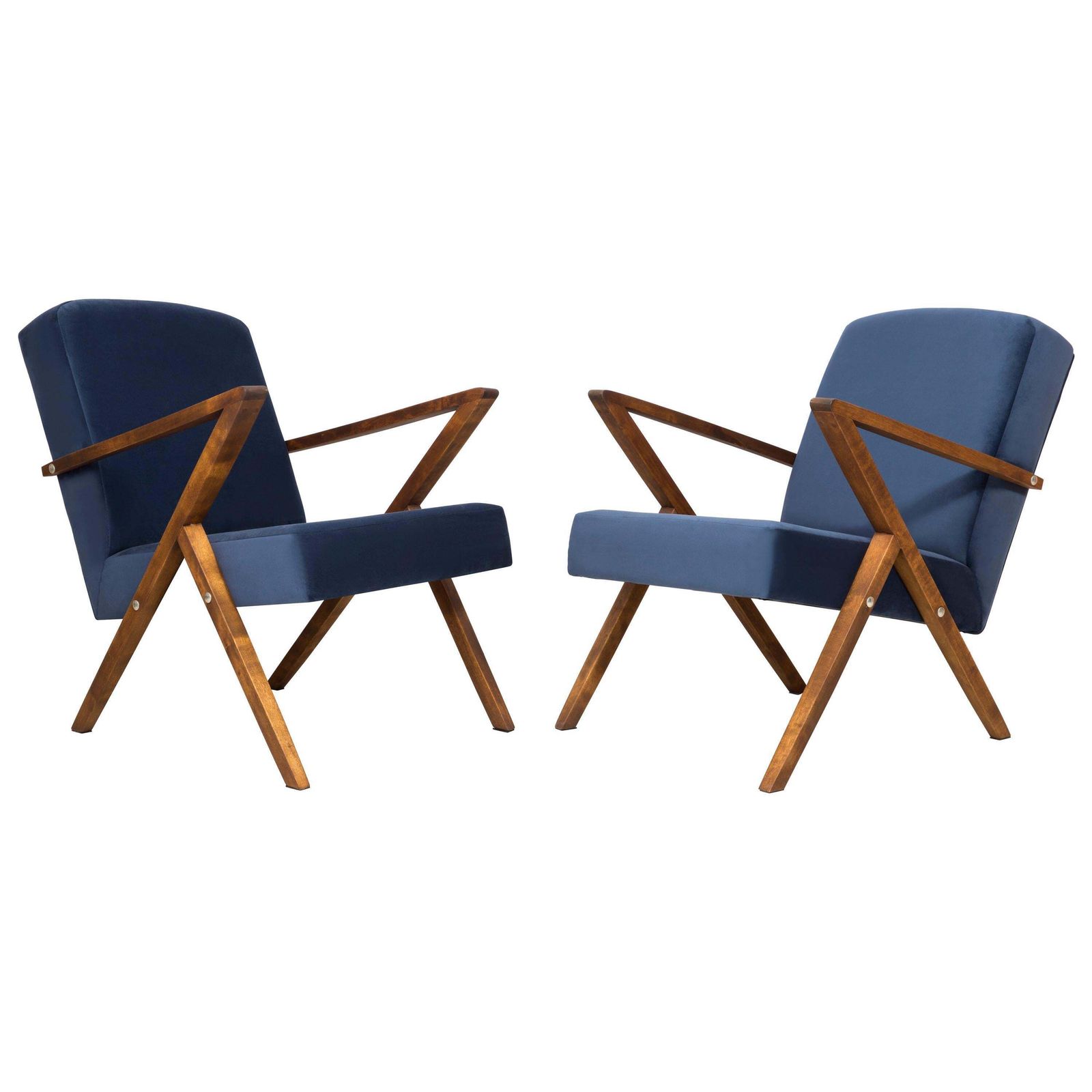 Pair Of 20th Century Unique Zet Armchairs, Navy Velvet, 1970s, Poland