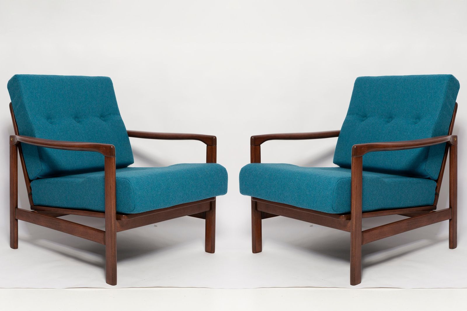 Pair Of Mid Century Acqua Blue Wool Armchairs, Zenon Baczyk, Poland, 1960s photo vinterior