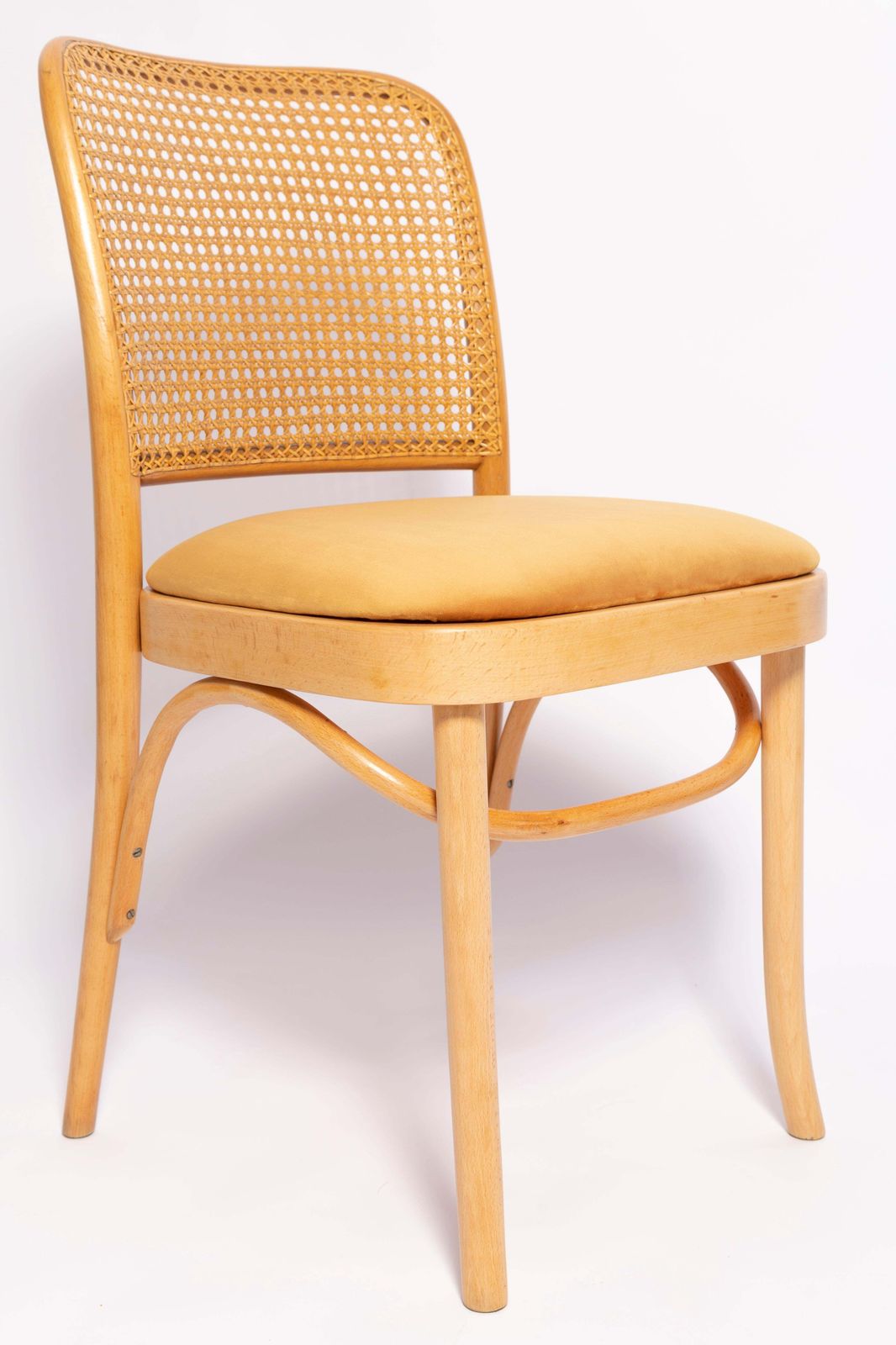 Set Van Zes Mid Century Gele Fluwelen Thonet Houten Rotanstoelen, Europa, Jaren 1960 photo for sale