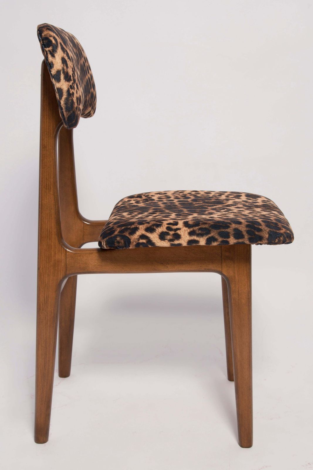 Six Mid Century Leopard Velvet Chairs, Walnut Wood, Rajmund Halas, Poland, 1960s photo Furniture