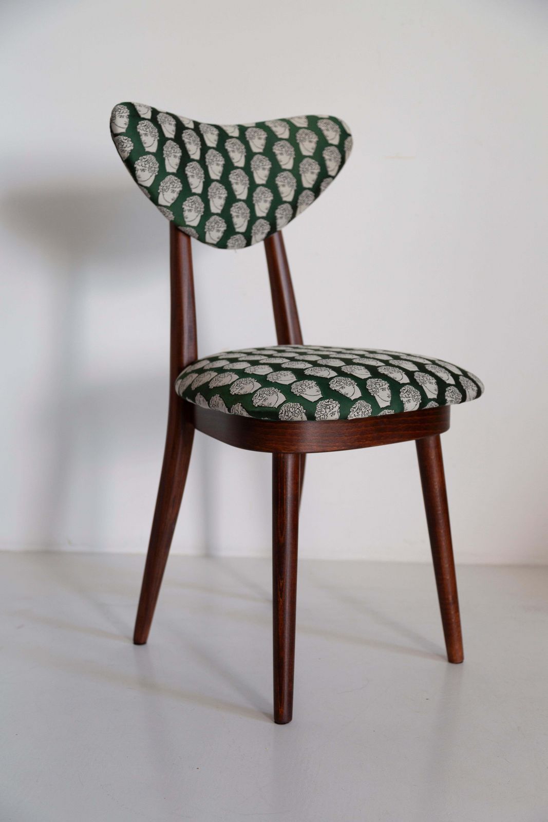 Six Midcentury David Print Emerald Satin, Dark Wood Heart Chairs, Europe, 1960s photo furniture