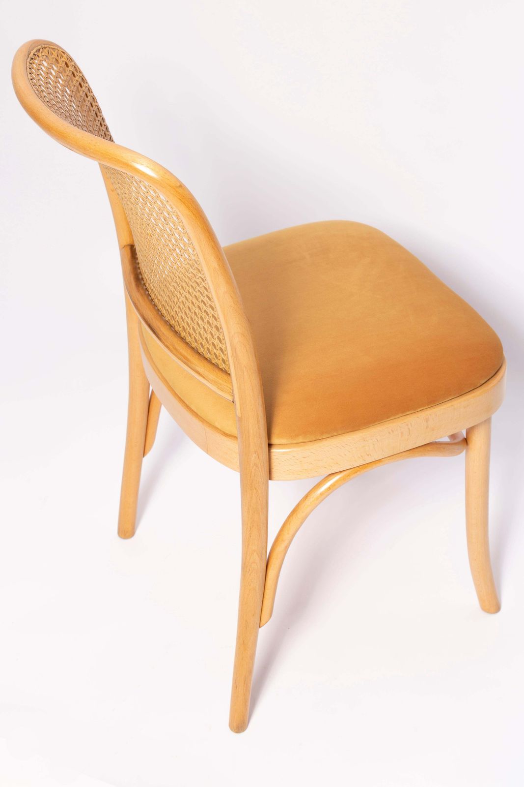 photo for sale Set Of Six Mid Century Yellow Velvet Thonet Wood Rattan Chairs, Europe, 1960s