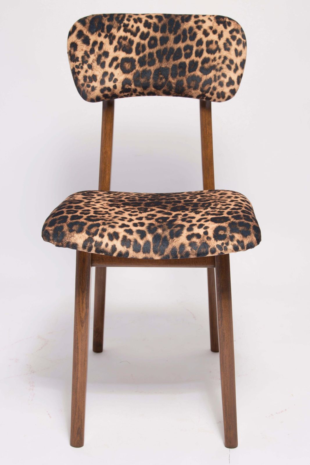 photo for sale Six Mid Century Leopard Velvet Chairs, Walnut Wood, Rajmund Halas, Poland, 1960s