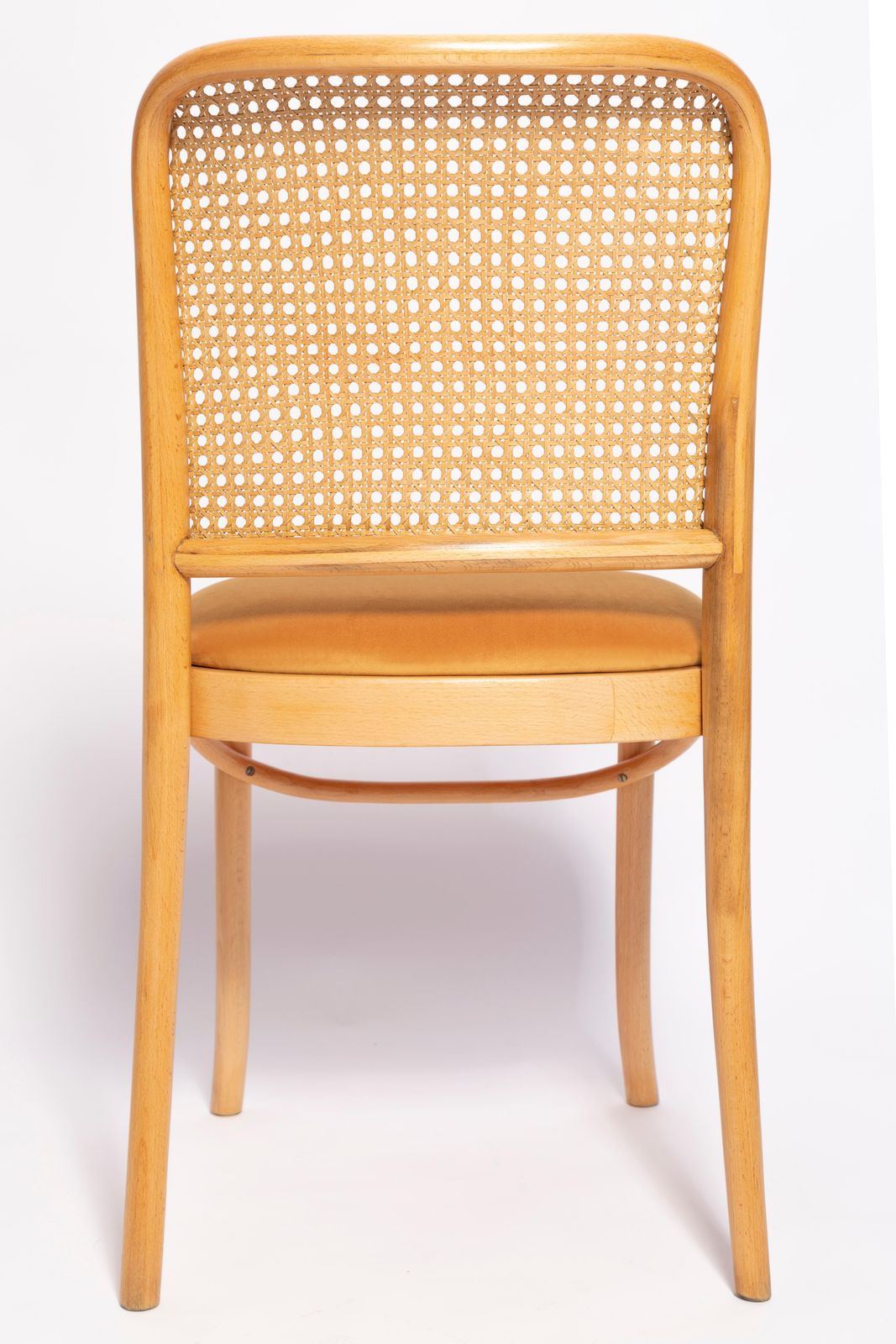 3572.0 Set Of Six Mid Century Yellow Velvet Thonet Wood Rattan Chairs, Europe, 1960s photo