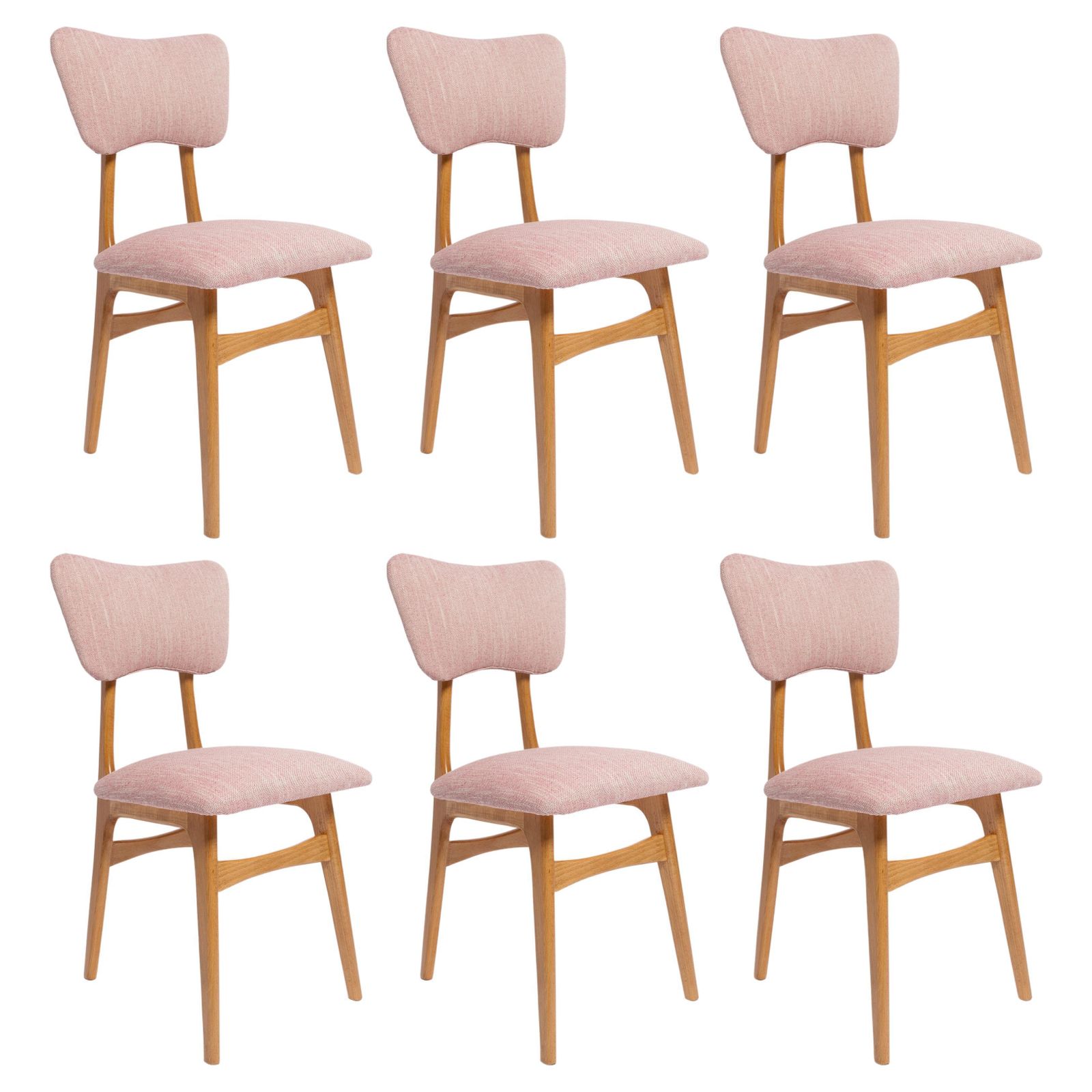 Six Mid Century Butterfly Dining Chairs, Pink Linen, Light Wood, Europe, 1960s