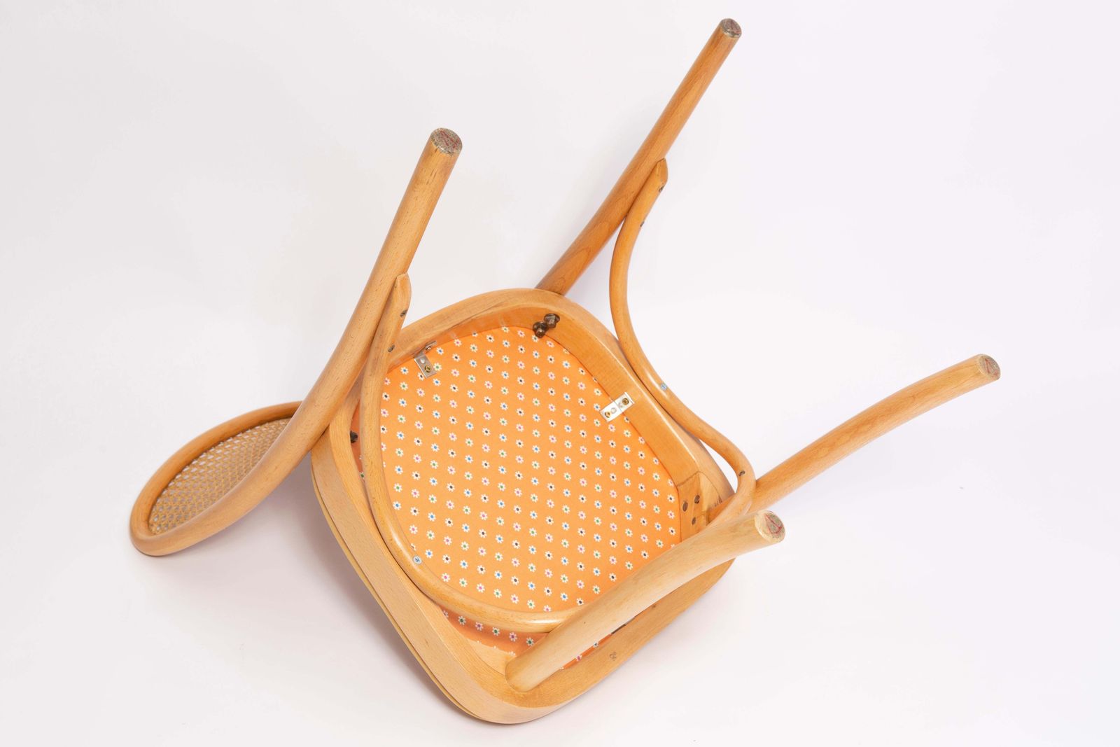 photo vintage Set Van Zes Mid Century Gele Fluwelen Thonet Houten Rotanstoelen, Europa, Jaren 1960
