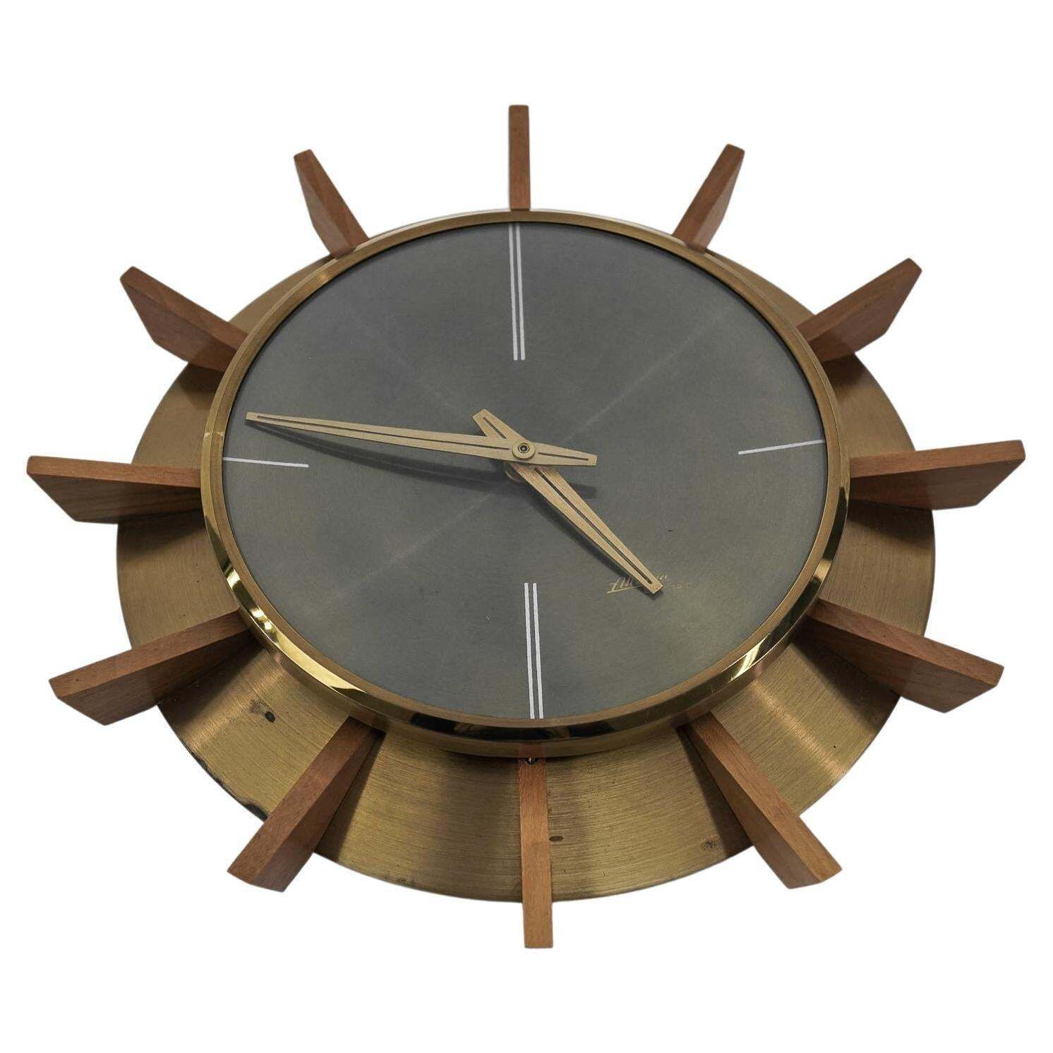 Mid Century Modern Brass And Wood Sunburst Wall Clock By Atlanta Electric