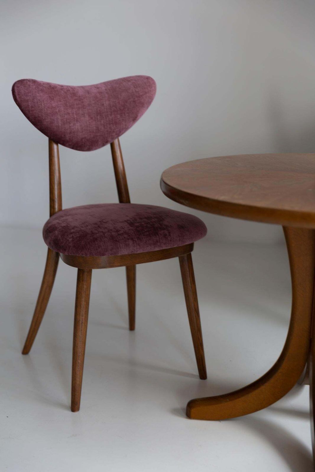 Set Of Eight Midcentury Violet Velvet, Walnut Wood Heart Chairs, Europe, 1960 photo for sale