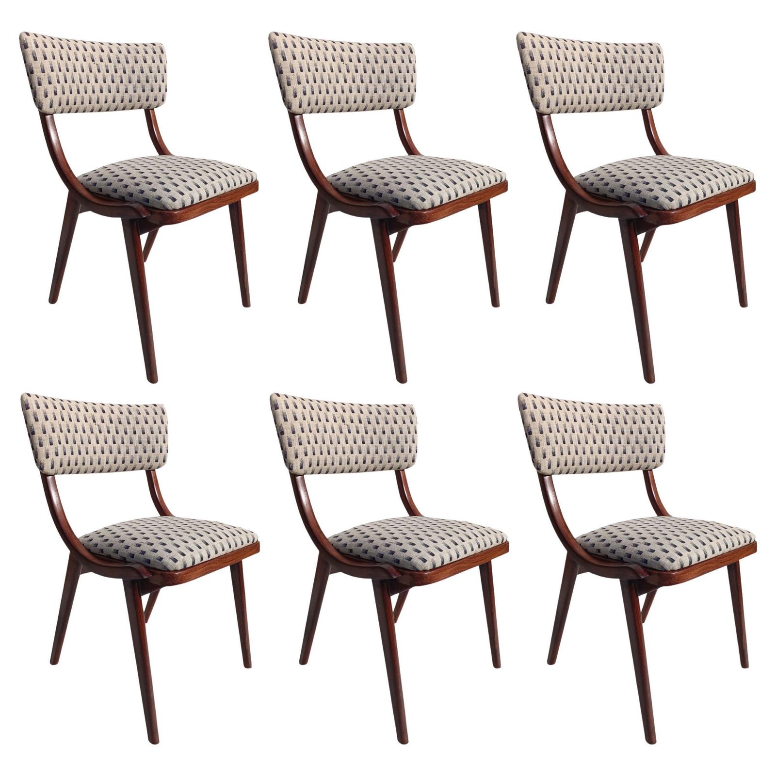 Six Mid Century Modern Bumerang Chairs, Light Creme White Jacquard, Poland 1960s