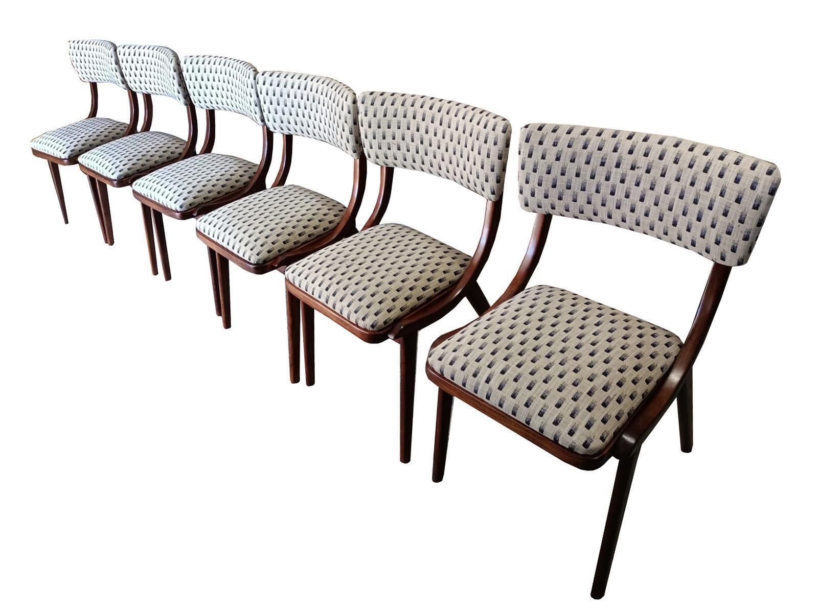Six Mid Century Modern Bumerang Chairs, Light Creme White Jacquard, Poland 1960s photo furniture