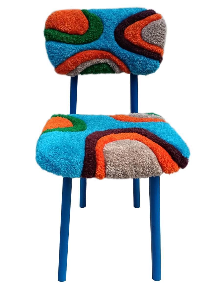 Zes Mid Century Handgetufte Stoelen, Blauw Hout, Rajmund Halas, Polen, Jaren 1960 photo for sale