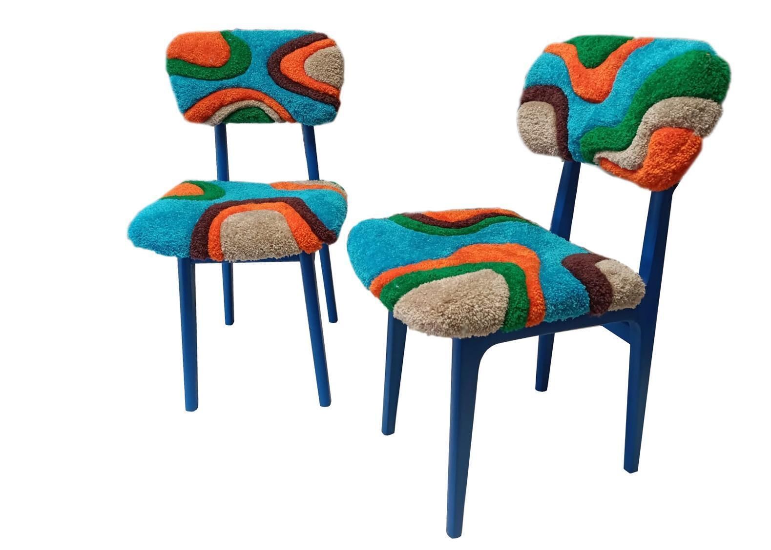 Zes Mid Century Handgetufte Stoelen, Blauw Hout, Rajmund Halas, Polen, Jaren 1960 photo 4078.0