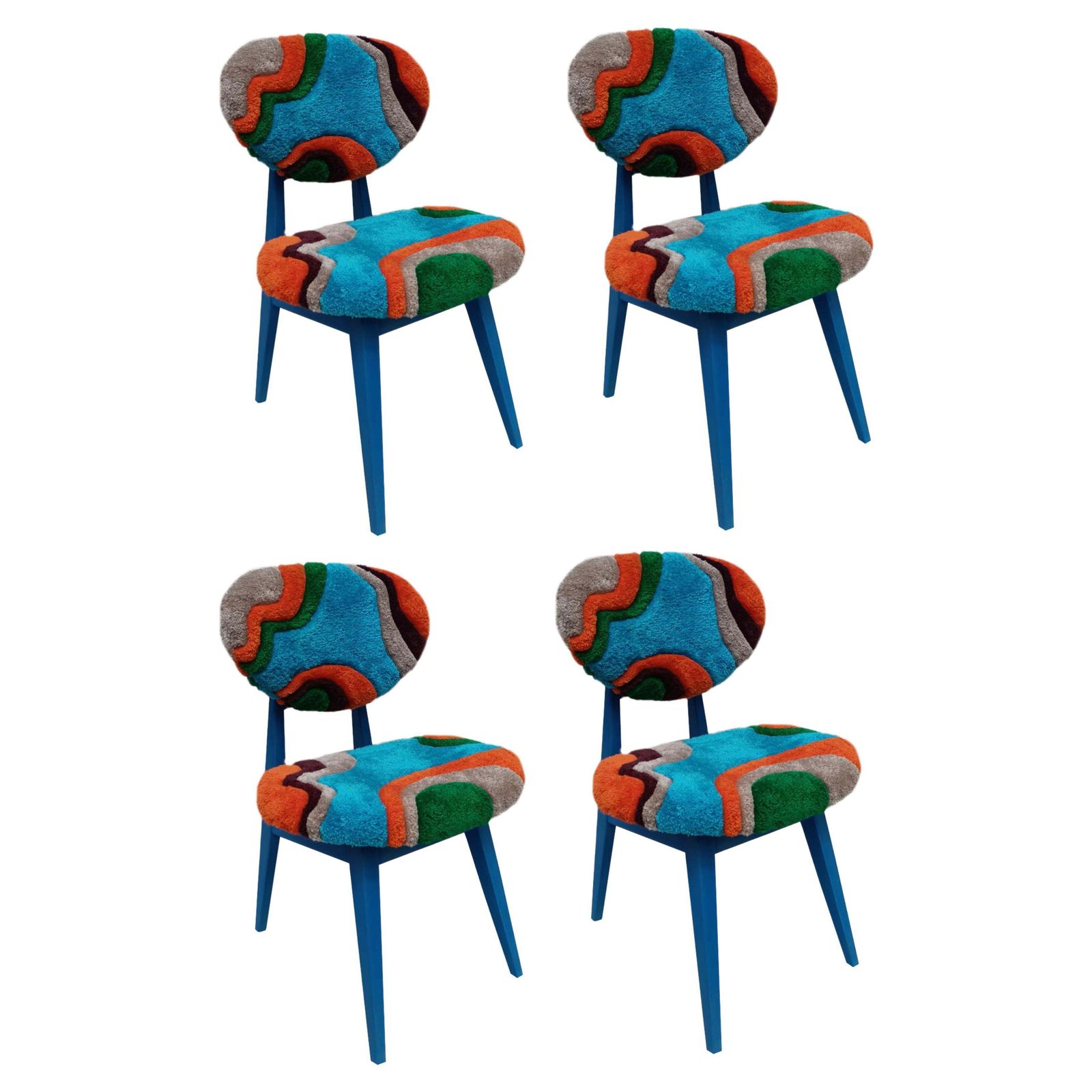 Four Mid Century Mushroom Chairs, Hand Tufting Blue Green Wool, Europe, 1960s