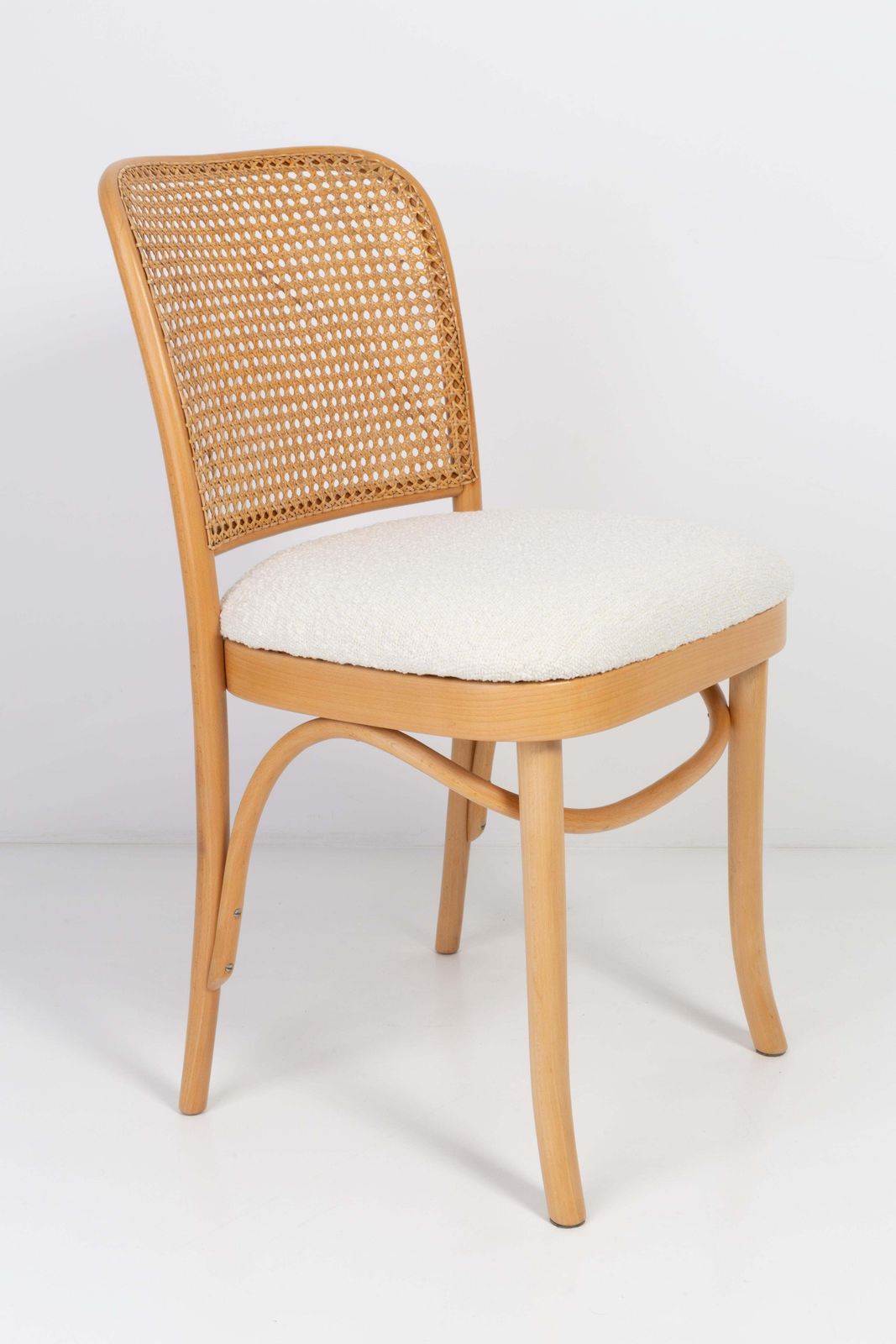 Set Of Eight White Boucle Thonet Wood Rattan Chairs, 1960s photo vintage