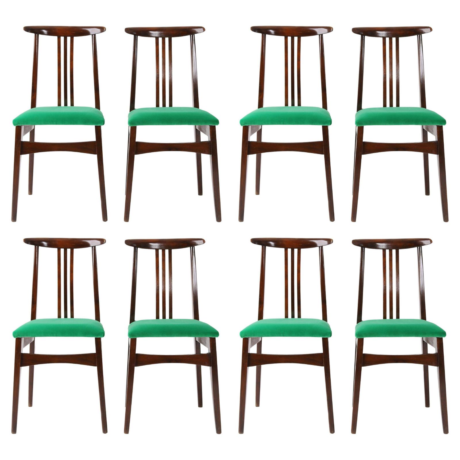 Set Van Acht Mid Century Groene Fluwelen Stoelen, Ontworpen Door Zielinski, Europa, Jaren 1960