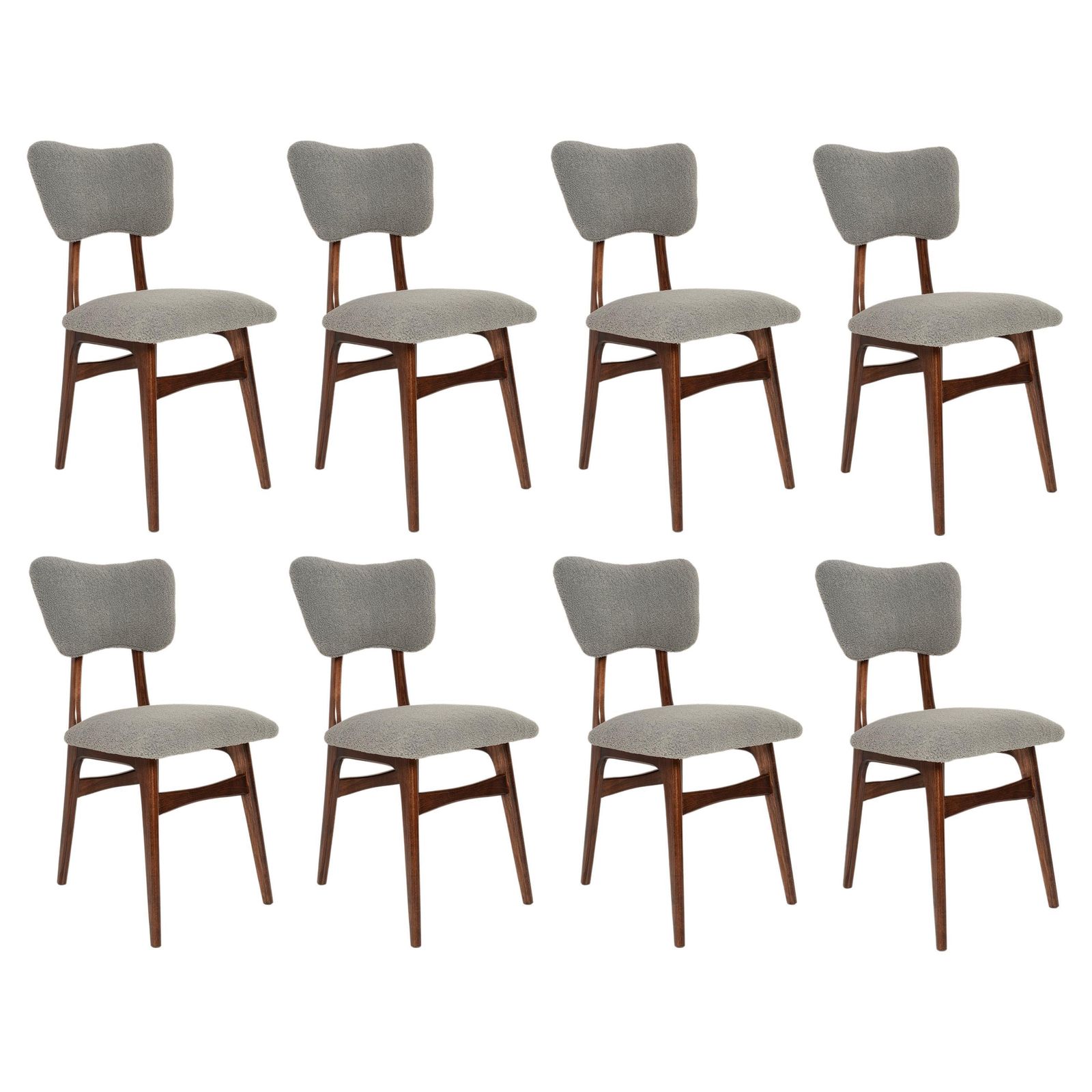 Set Of Eight Mid Century Butterfly Dining Chairs, Gray Boucle, Europe, 1960s