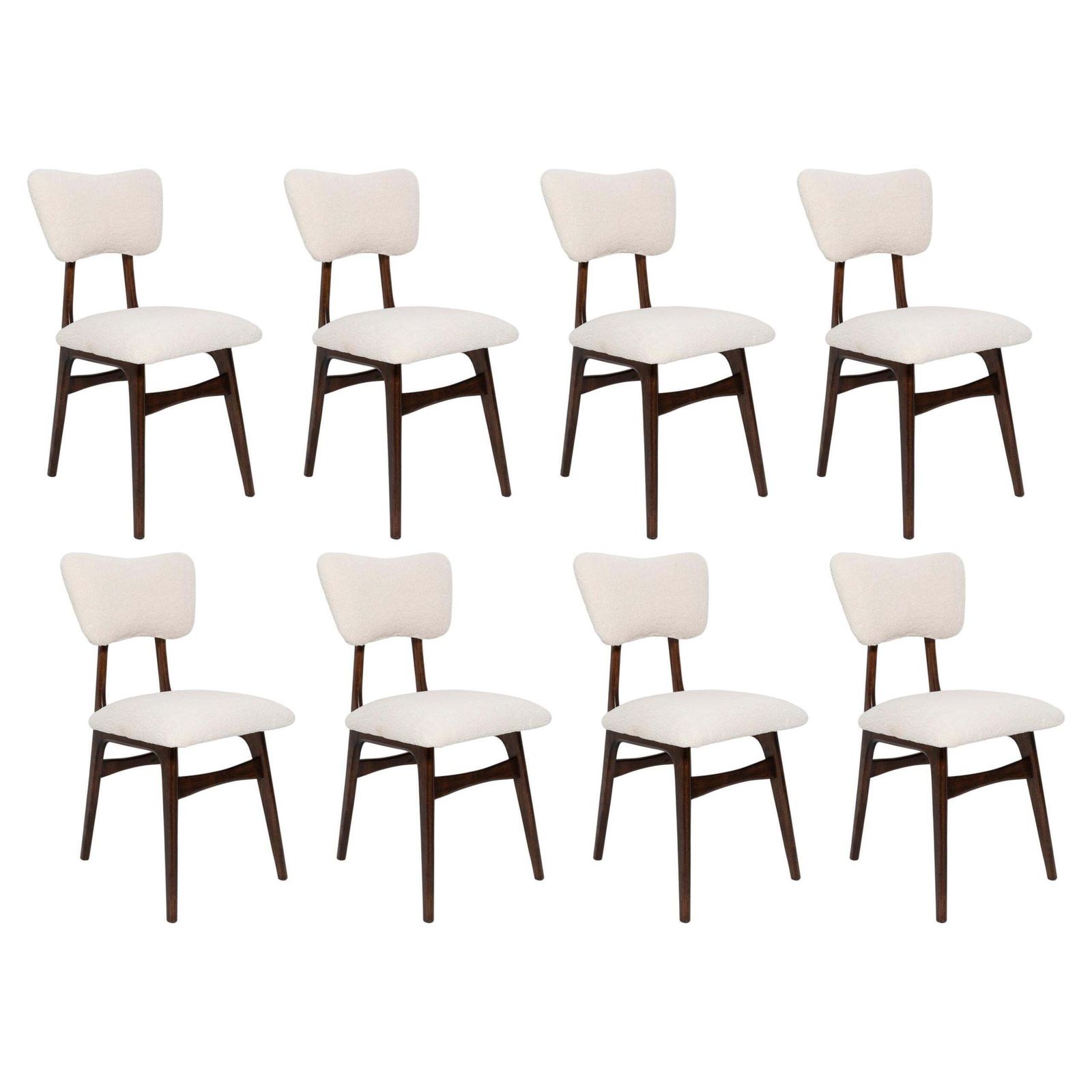 Set Van Acht 20e Eeuwse Lichtcrème Boucléstof Vlindersstoelen, Europa, Ca. Jaren 1960
