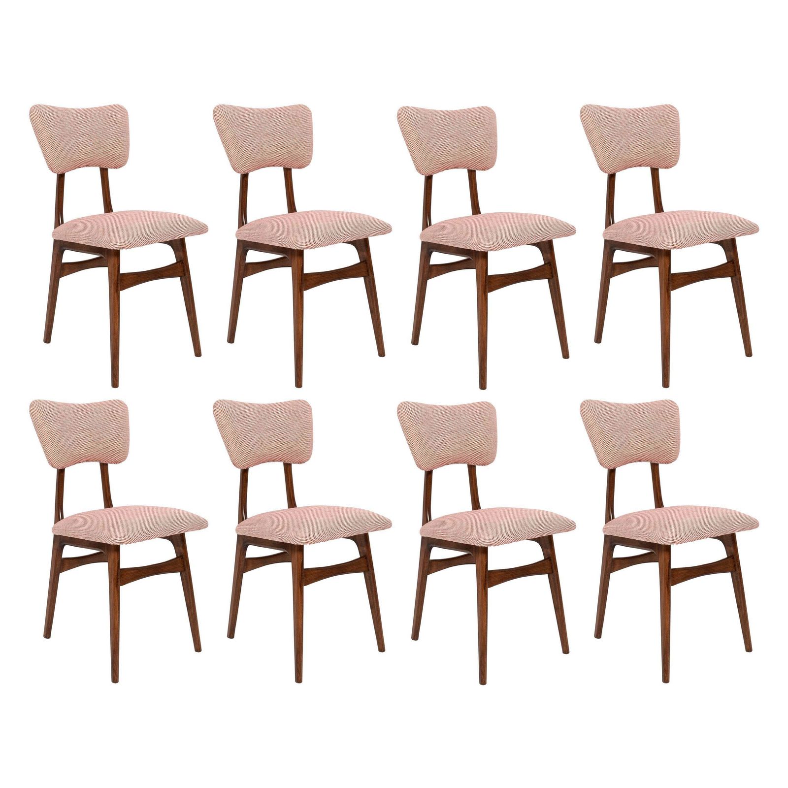 Set Of Eight Mid Century Butterfly Dining Chairs, Peony Cotton, Poland, 1960s