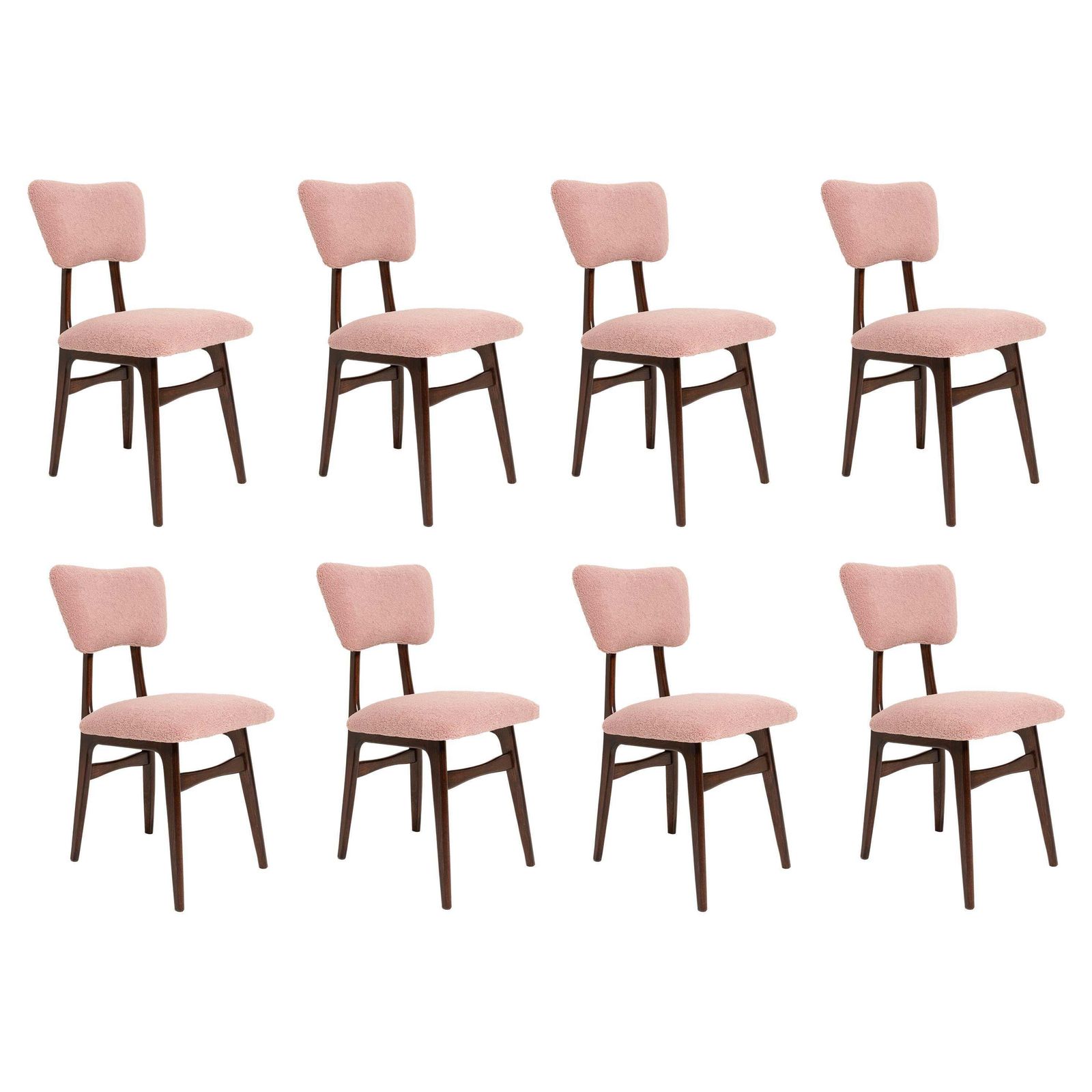 Set Van Acht Mid Century Butterfly Eetkamerstoelen, Roze Bouclé, Europa, Jaren 1960