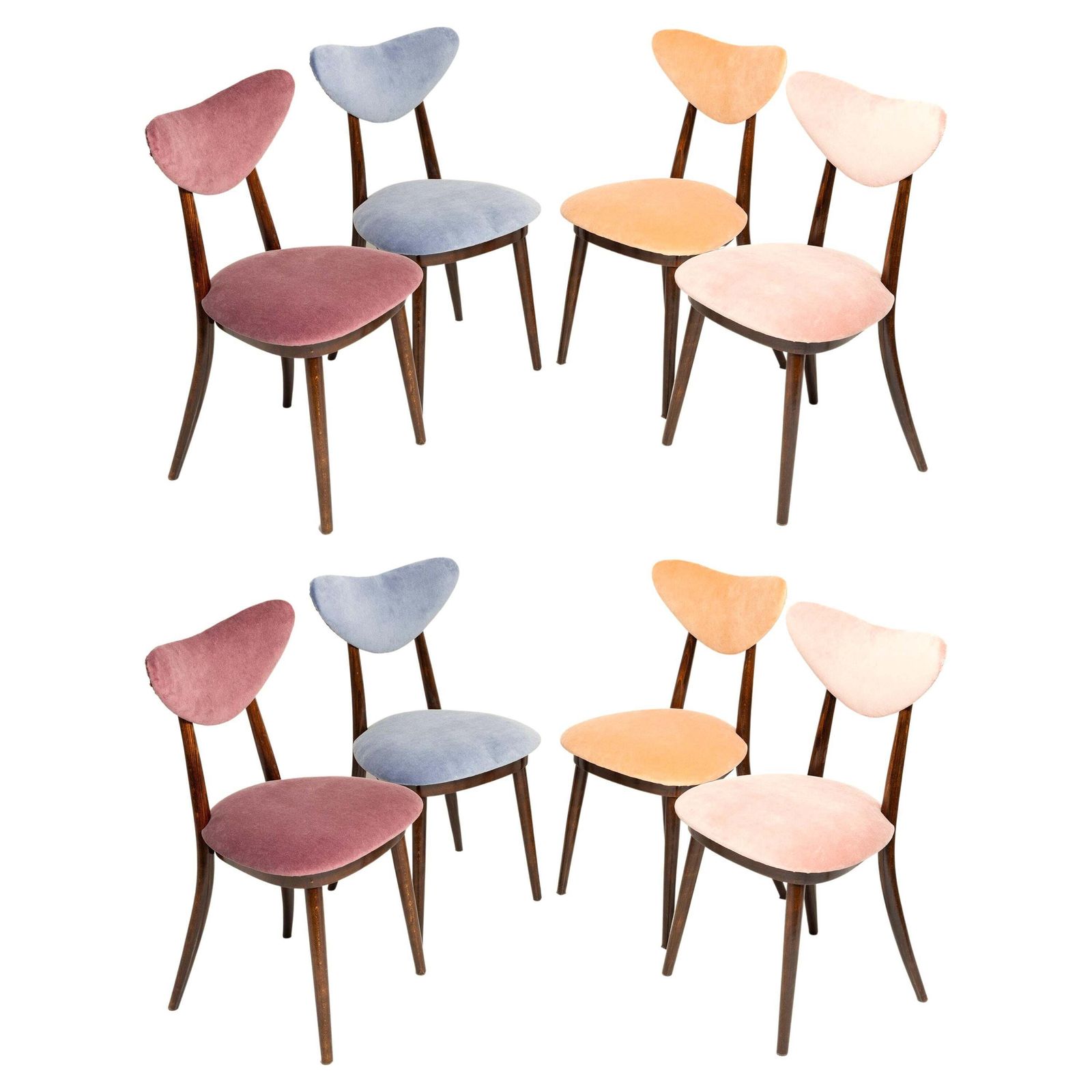 Set Of Eight Heart Chairs, Pink Orange Burgundy And Violet Velvet, Europe, 1960s